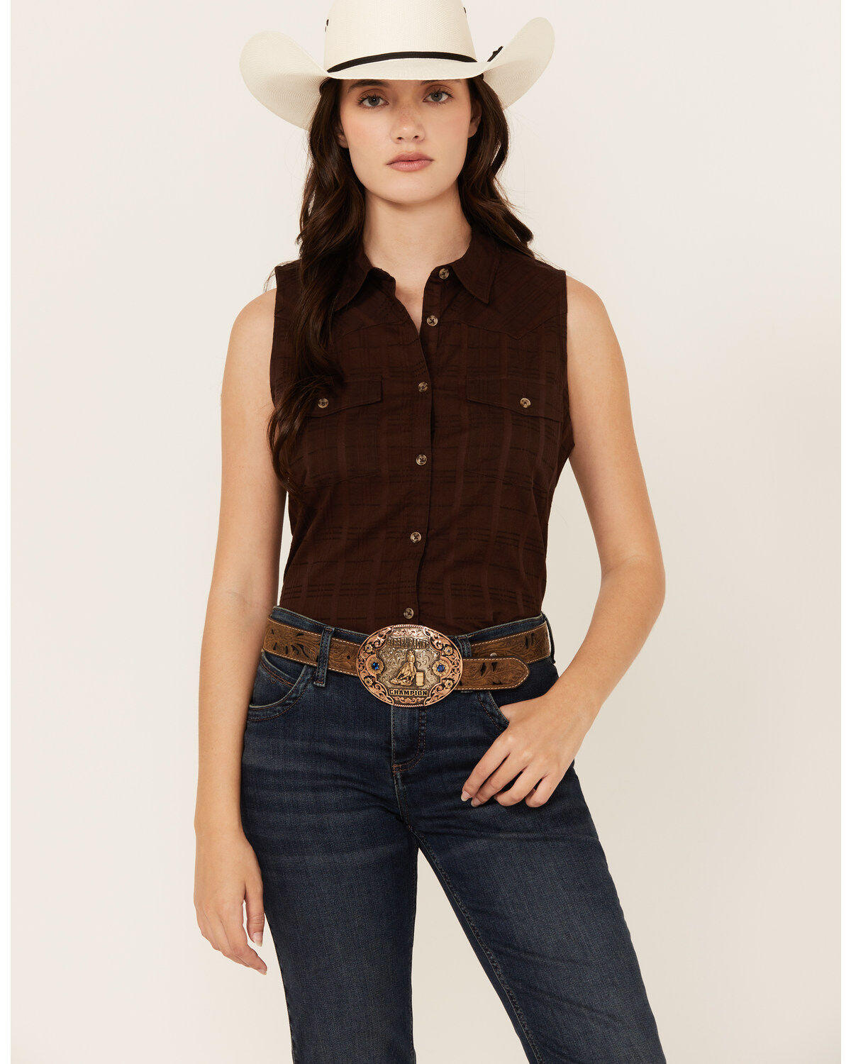 Women's Shyanne Shadow Striped Sleeveless Button-Down Western Shirt