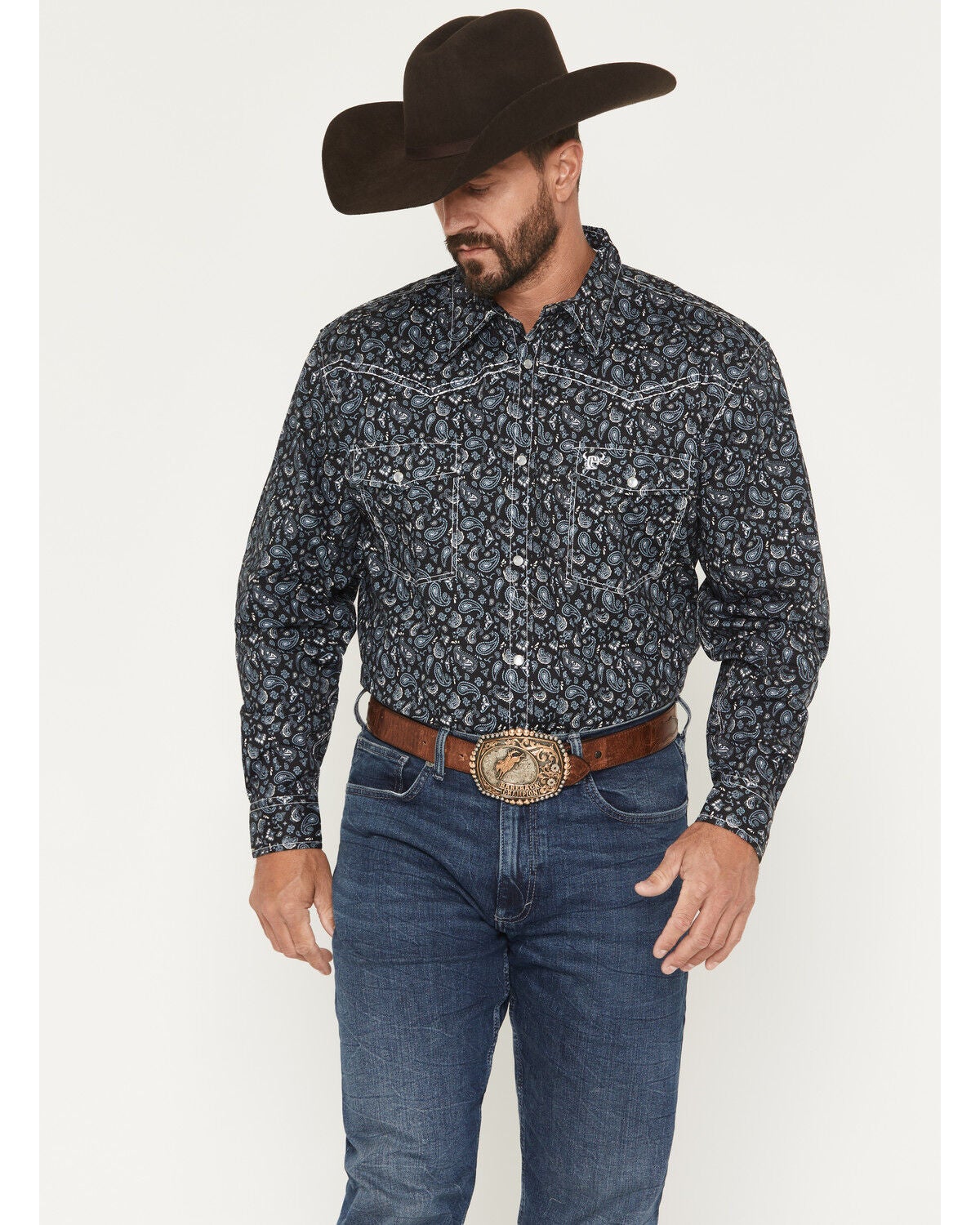 Men's Cowboy Hardware Scatter Paisley Print Long Sleeve Snap Stretch W