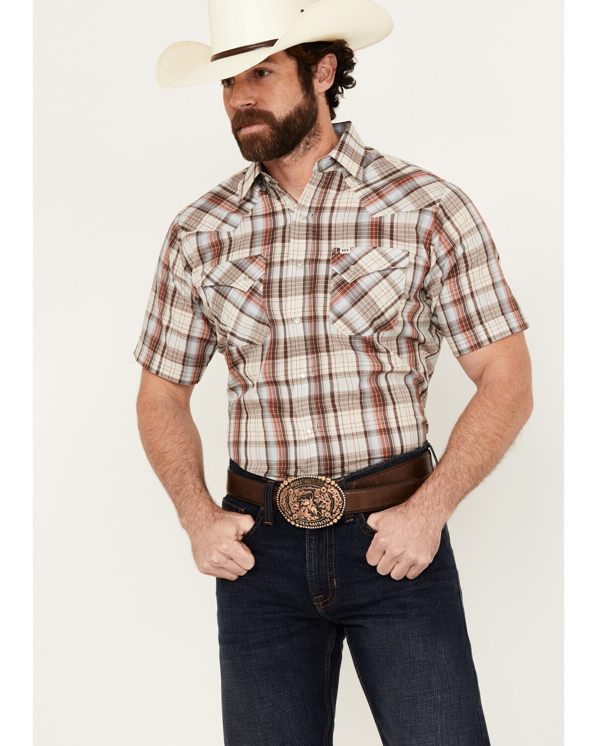 Men's Ely Walker Plaid Print Short Sleeve Snap Western Shirt