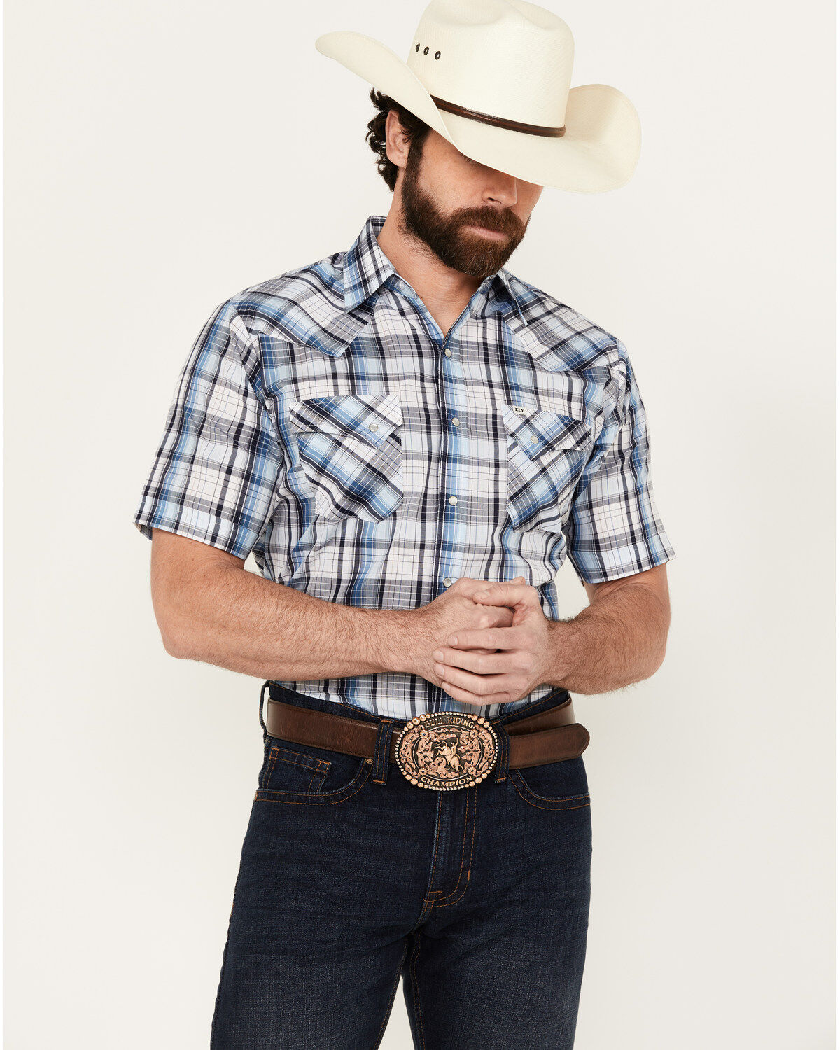 Men's Ely Walker Plaid Print Short Sleeve Snap Western Shirt