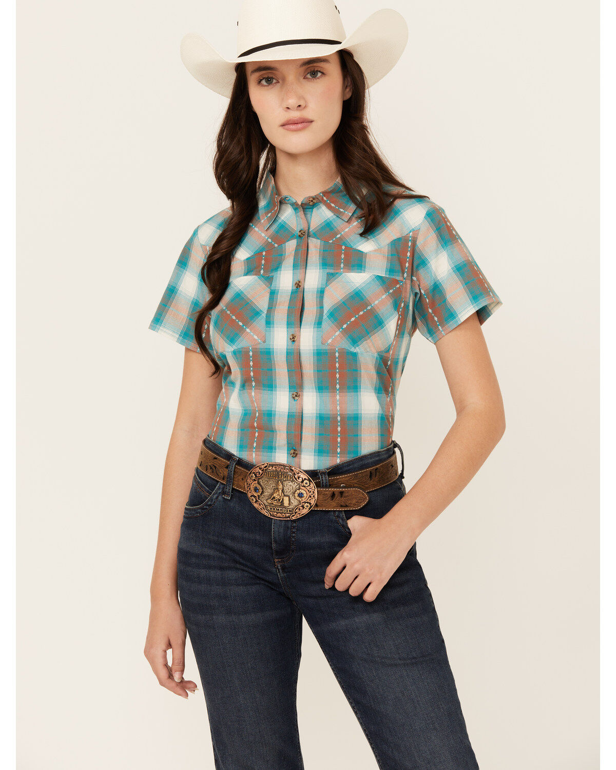 Women's Shyanne Plaid Print Short Sleeve Button-Down Stretch Western S