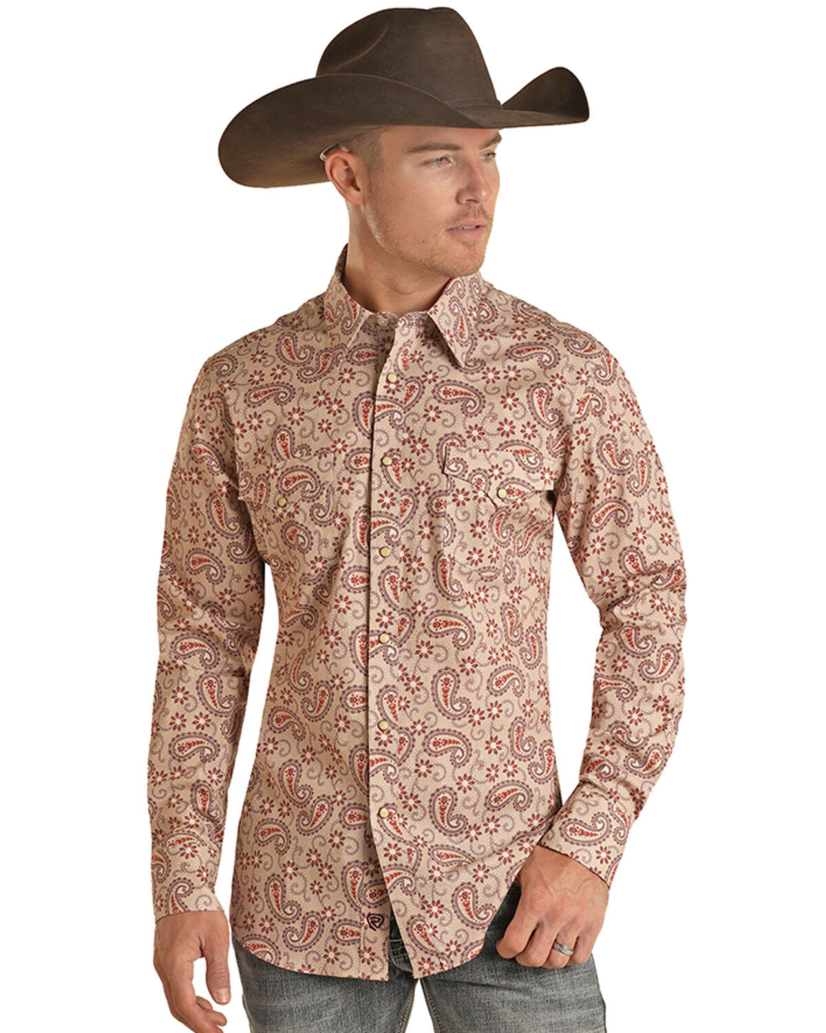 Men's Rock & Roll Denim Paisley Print Long Sleeve Snap Stretch Western