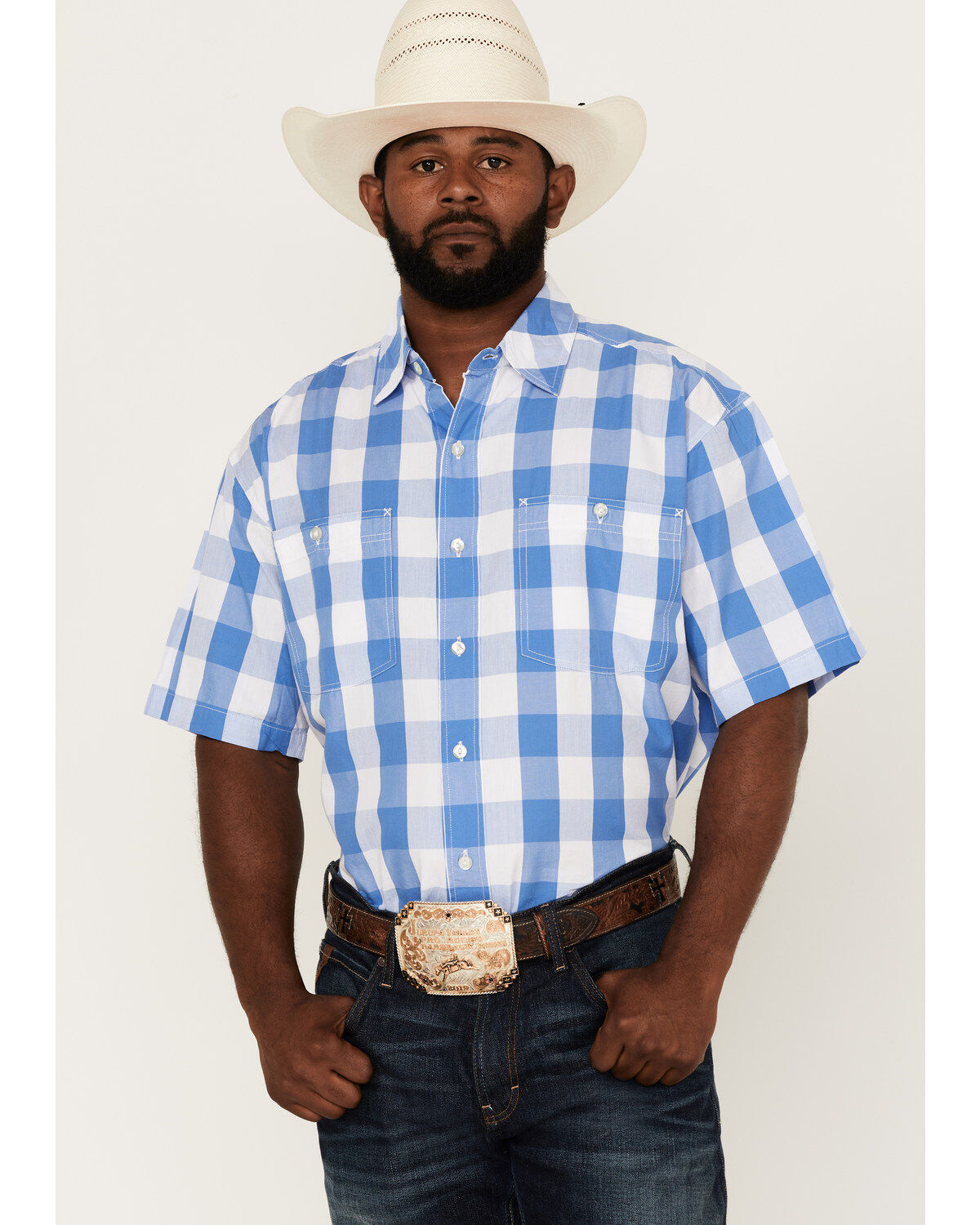 Men's Resistol Lantana Buffalo Check Plaid Print Short Sleeve Button D