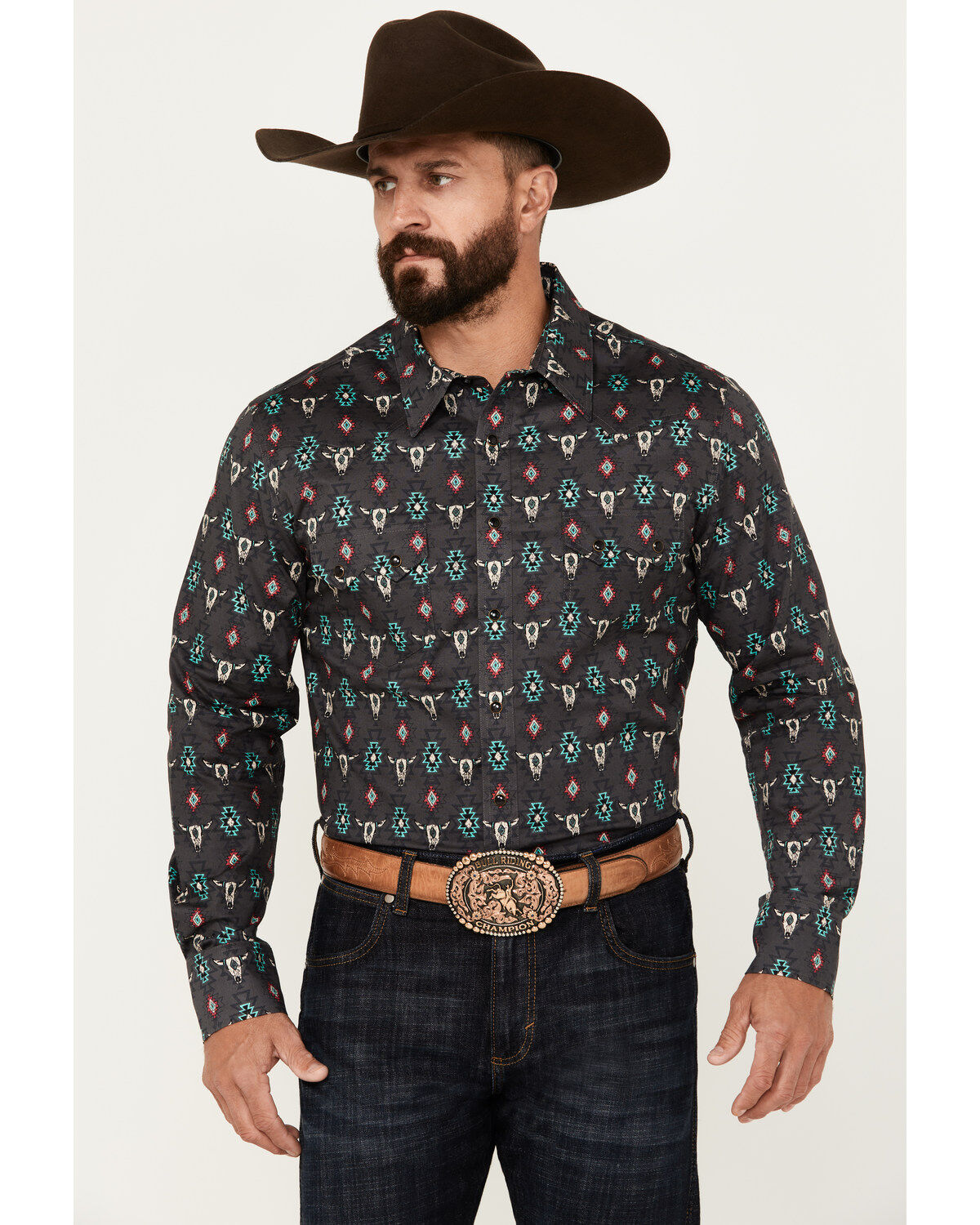 Men's Rock & Roll Denim Southwestern Print Long Sleeve Snap Stretch We