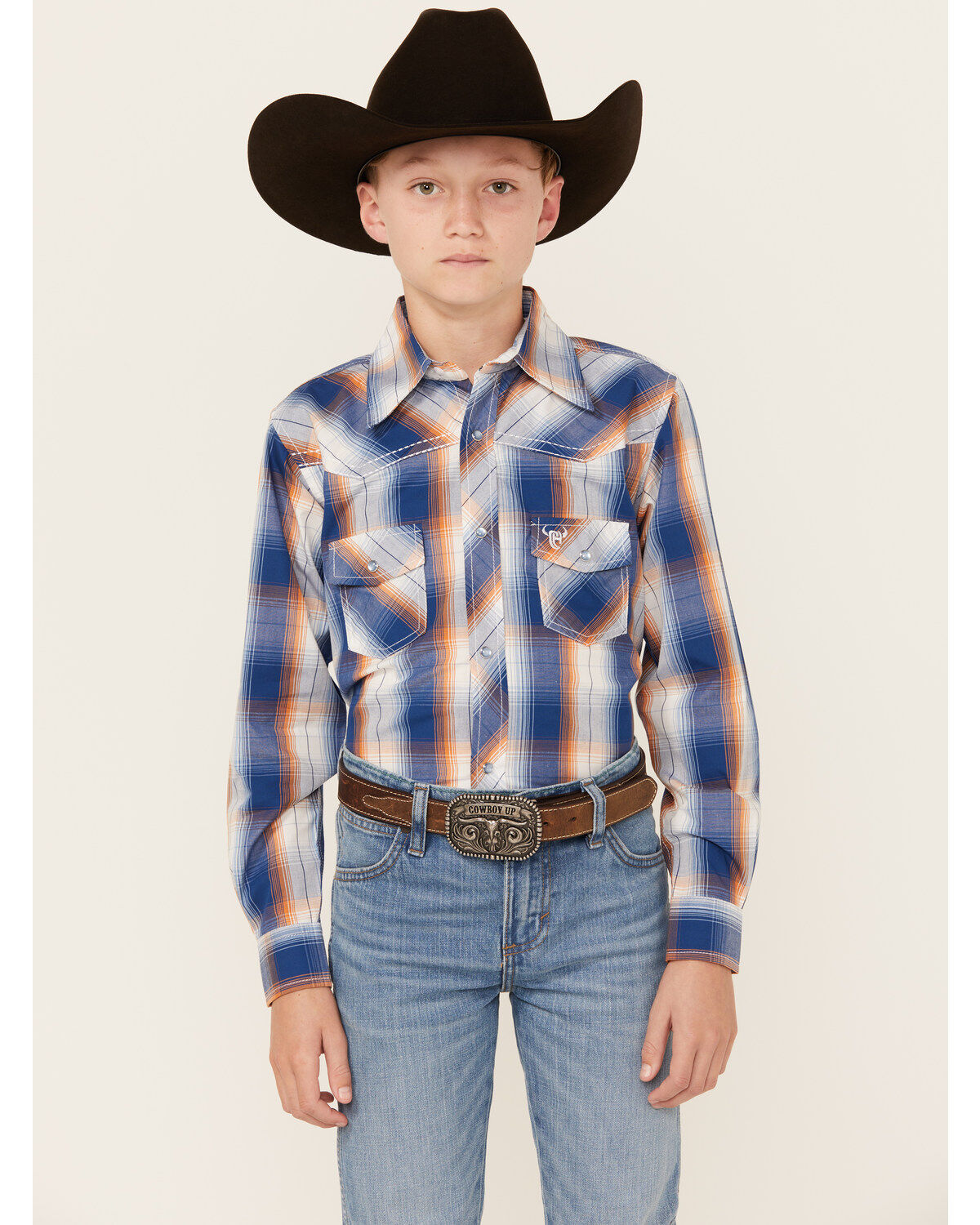 Boys' Cowboy Hardware Plaid Print Long Sleeve Pearl Snap Western Shirt