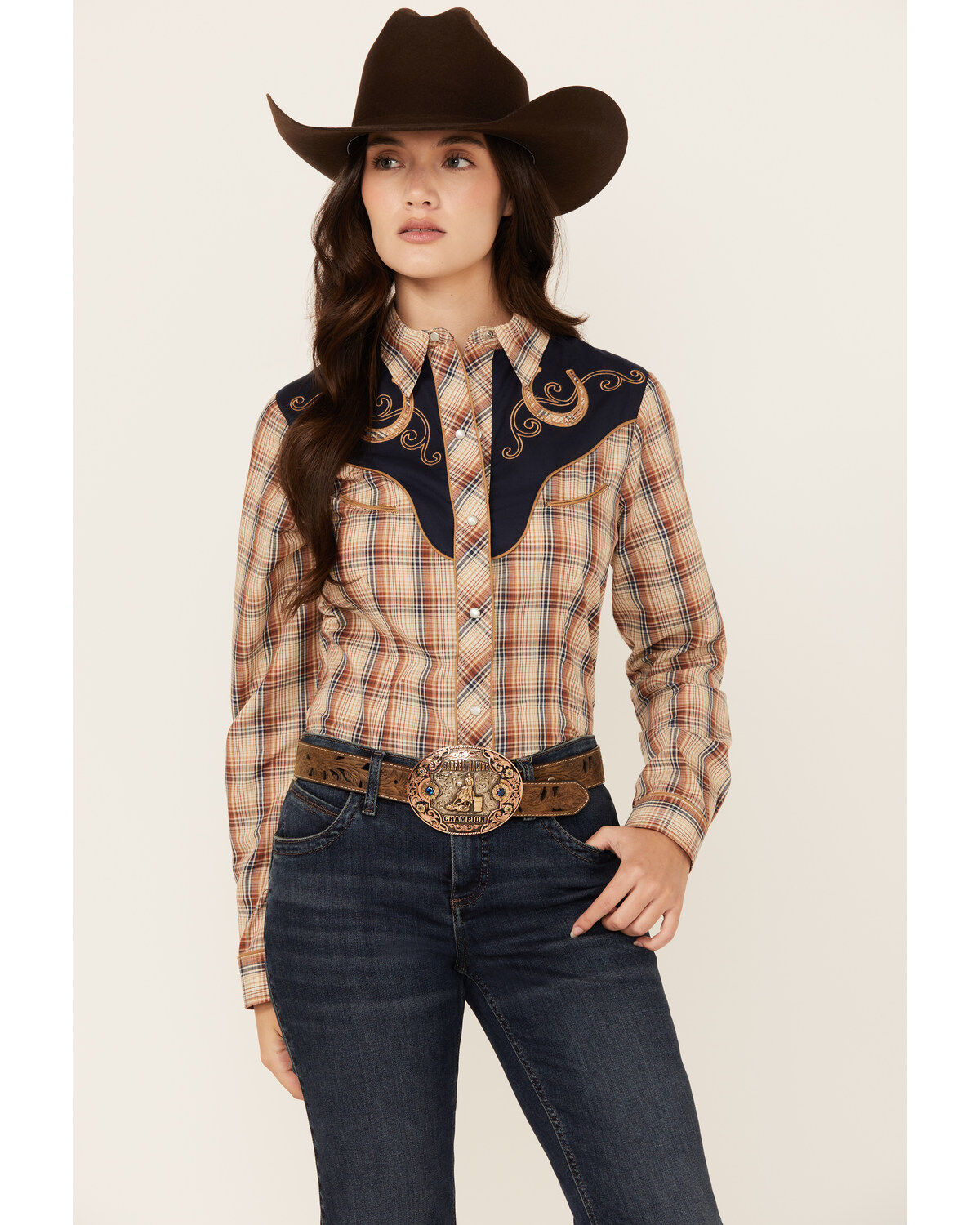 Women's Roper Embroidered Yoke Plaid Print Long Sleeve Snap Western Sh