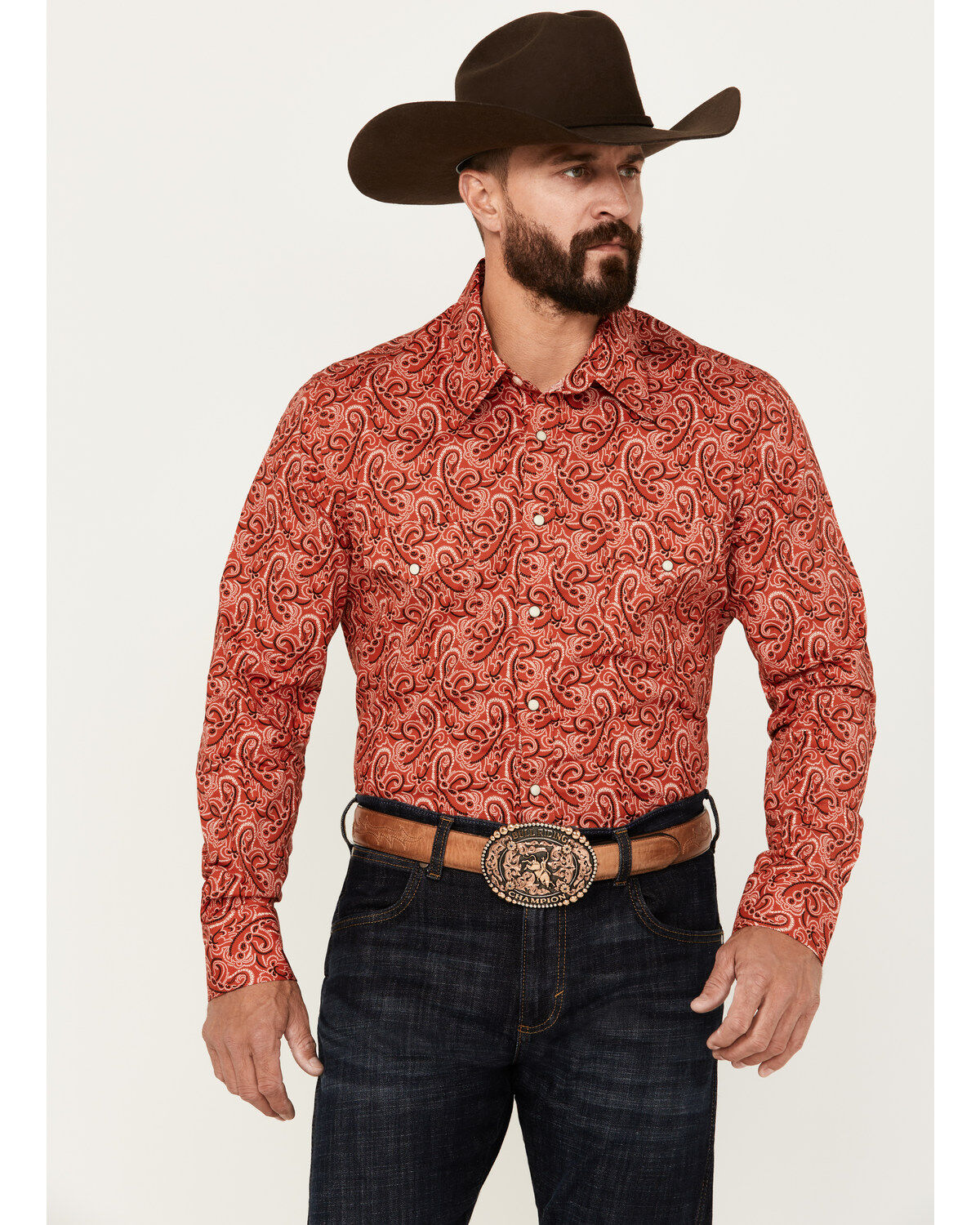 Men's Rock & Roll Denim Paisley Print Long Sleeve Snap Stretch Western