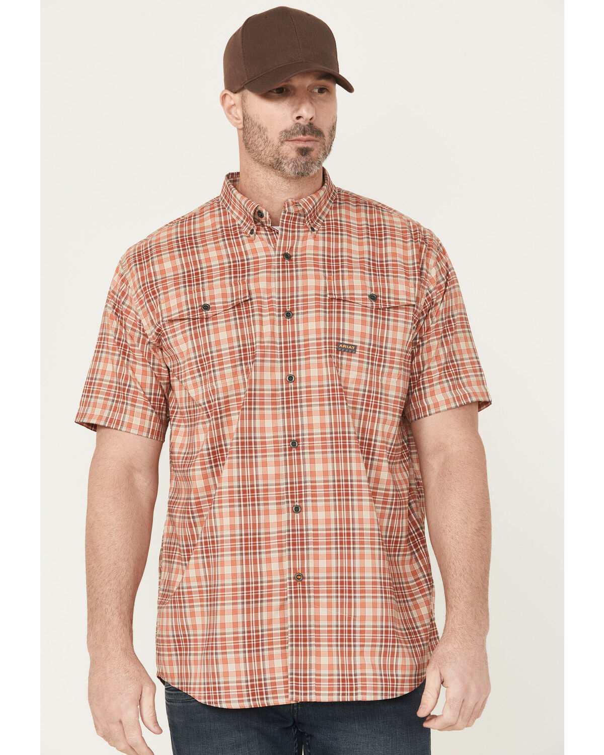 Men's Ariat Rebar Plaid Print Short Sleeve Button-Down Work Shirt