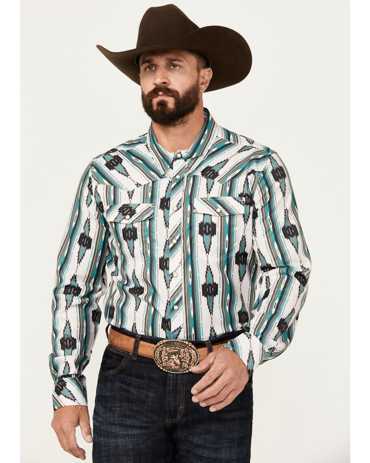 Men's Rock & Roll Denim Southwestern Print Ripstop Long Sleeve Snap Pe