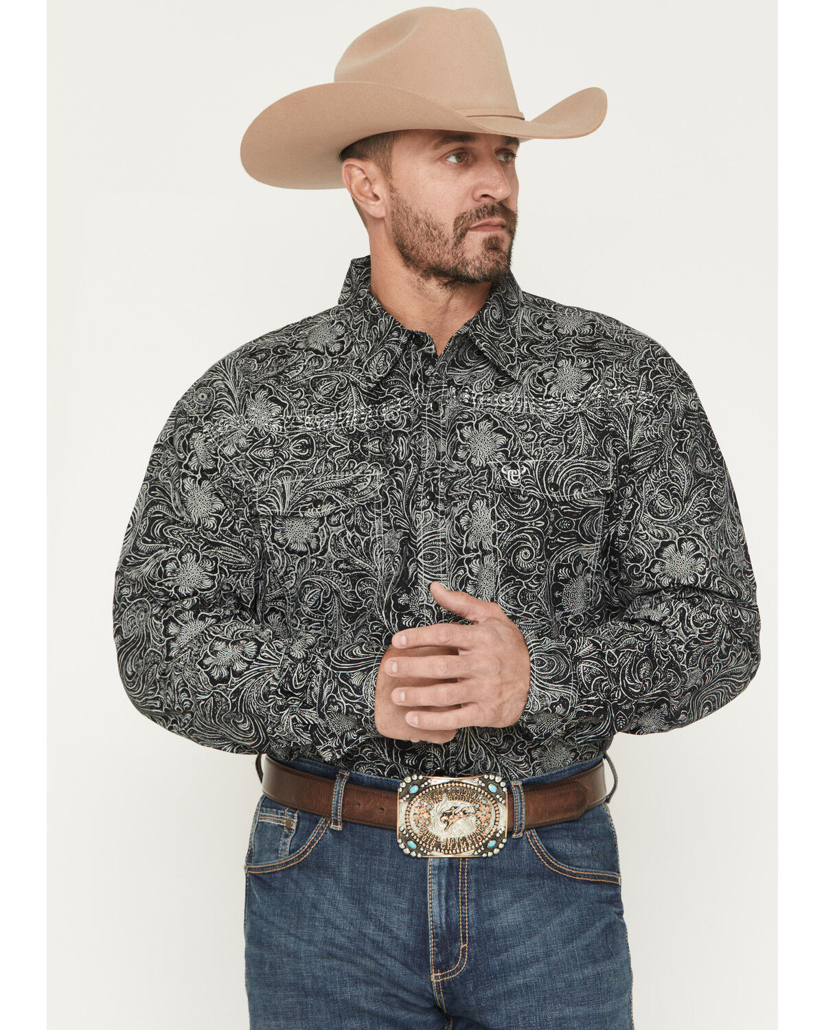 Men's Cowboy Hardware Tooled Floral Print Long Sleeve Snap Stretch Wes