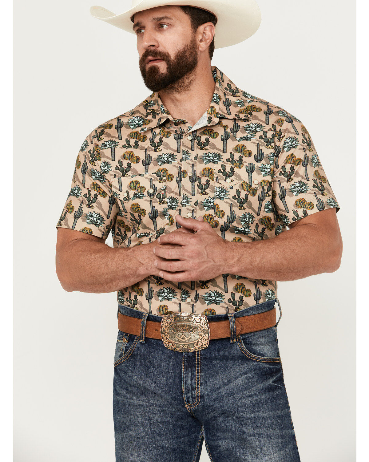 Men's Rock & Roll Denim Cactus Print Stretch Short Sleeve Snap Western