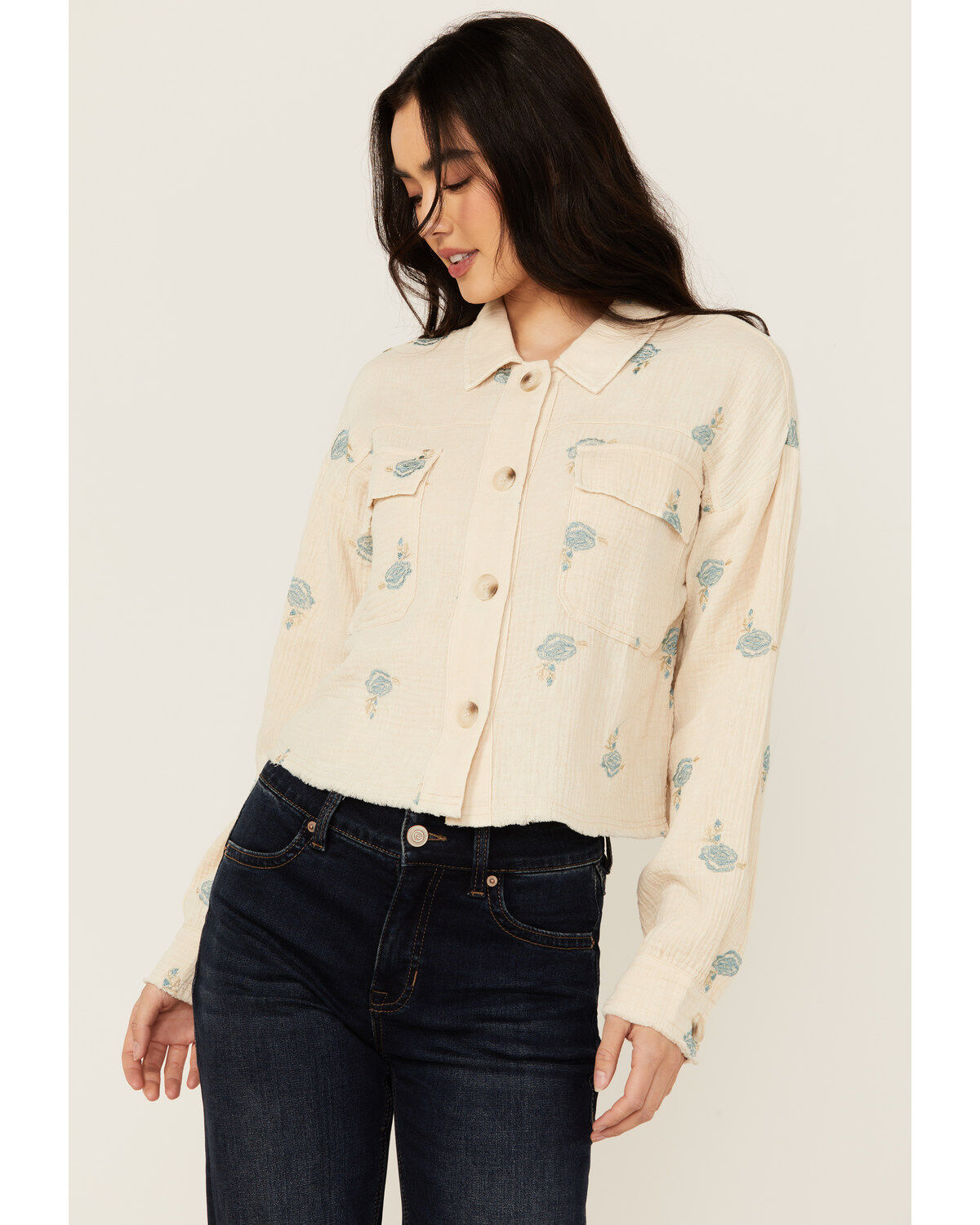 Women's Mystree Floral Embroidered Long Sleeve Button-Down Shirt