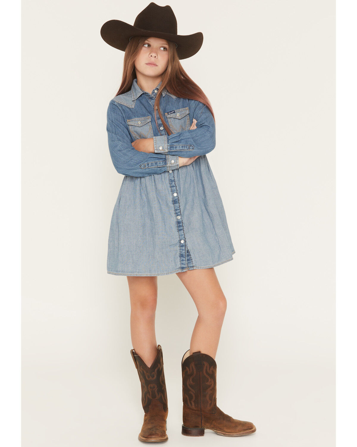 Girls' Wrangler Two-Toned Long Sleeve Denim Dress