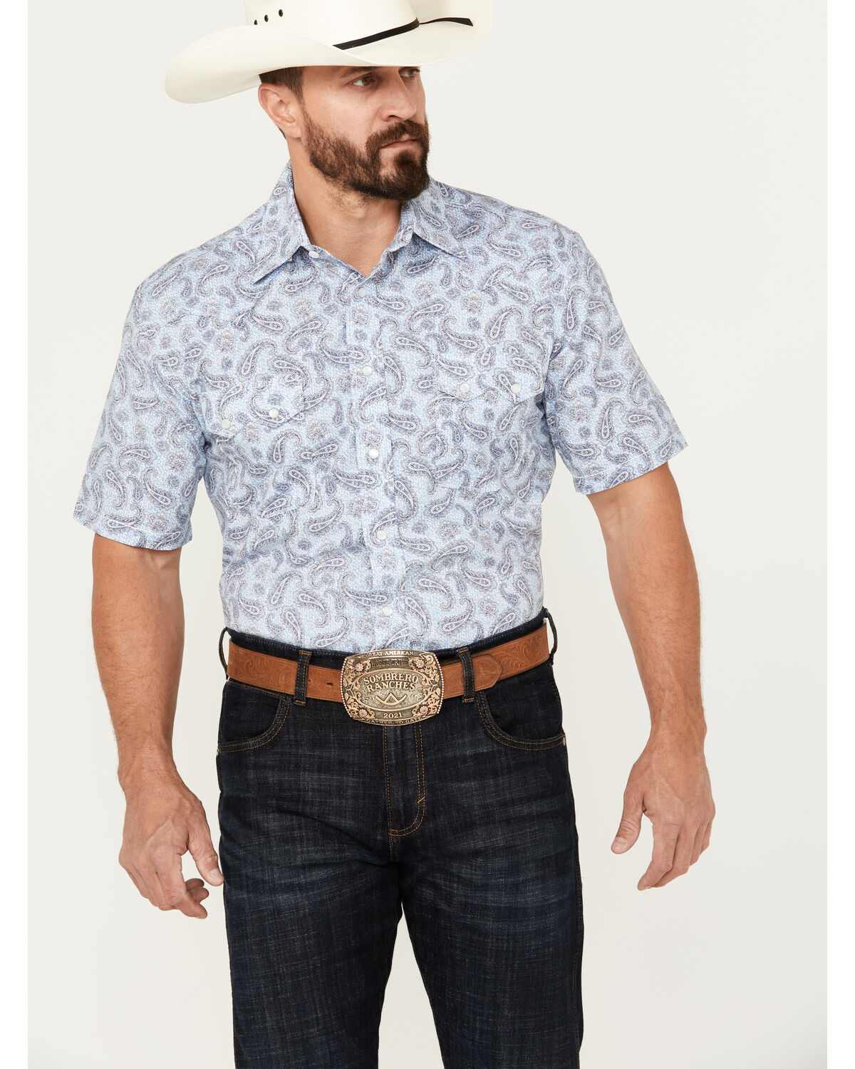 Men's Panhandle Rough Stock by Stretch Paisley Print Short Sleeve Pear
