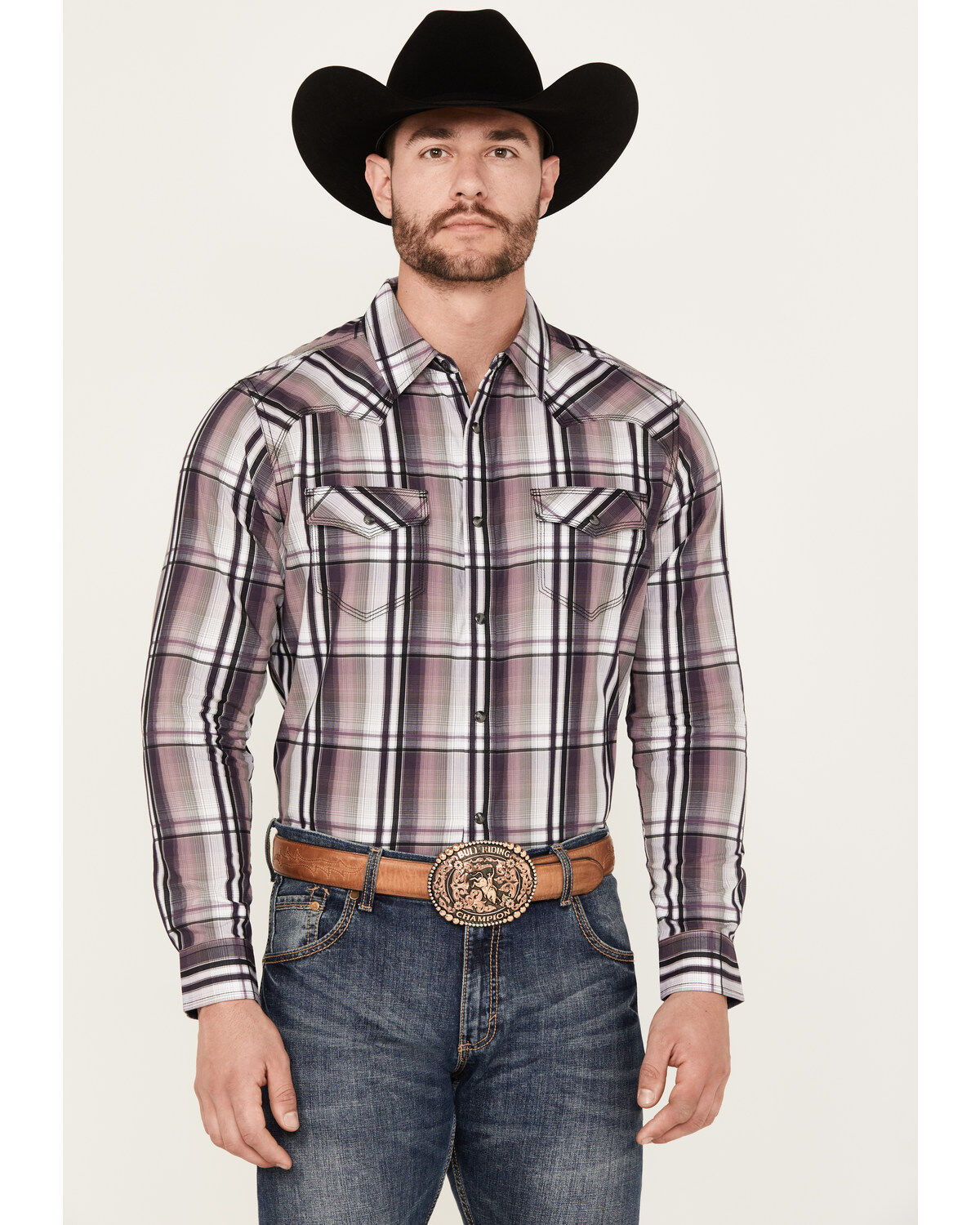 Men's Moonshine Spirit Back Stage Plaid Print Long Sleeve Snap Western