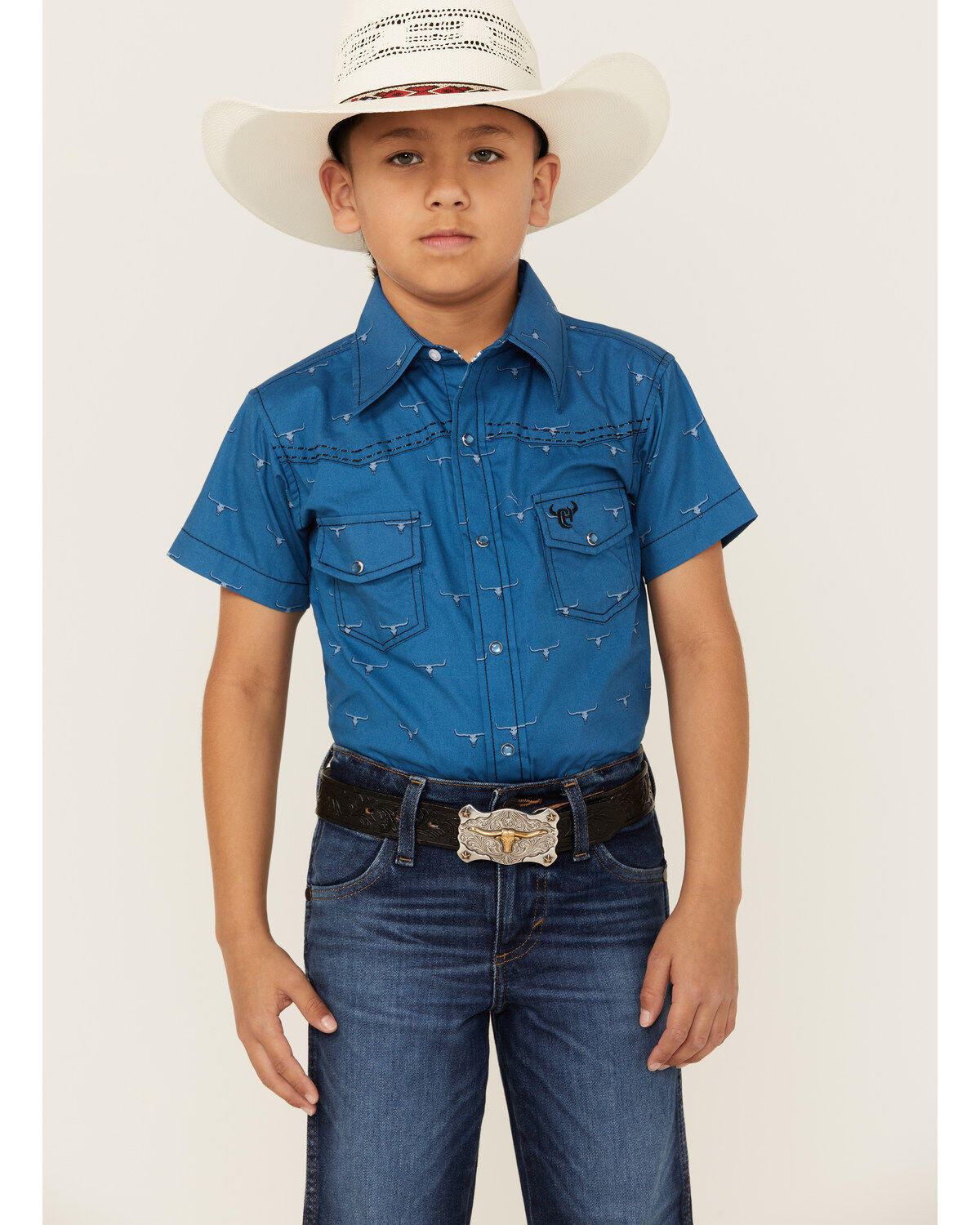 Boys' Cowboy Hardware Steerhead Print Short Sleeve Snap Western Shirt