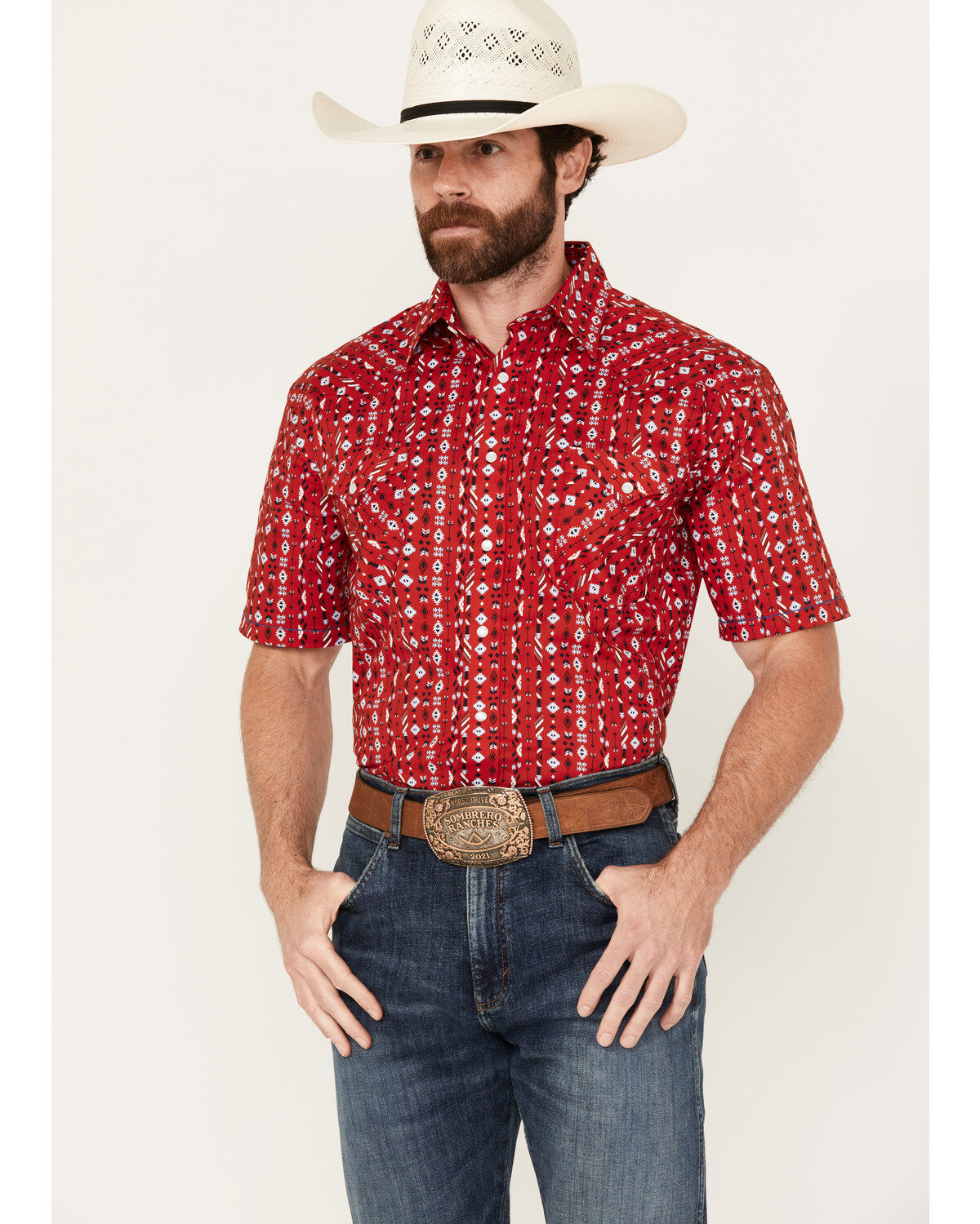 Men's Panhandle Rough Stock by Southwestern Print Short Sleeve Pearl S