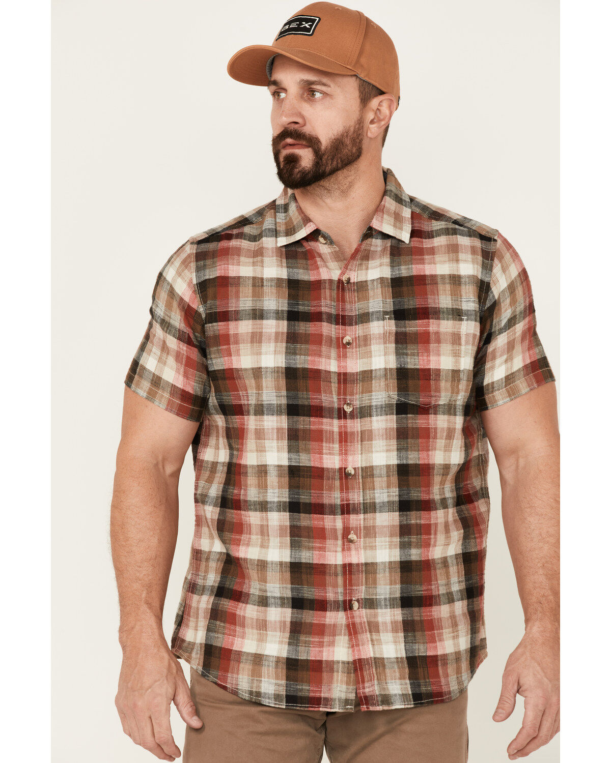 Men's North River Earth Crosshatch Large Plaid Short Sleeve Button Dow