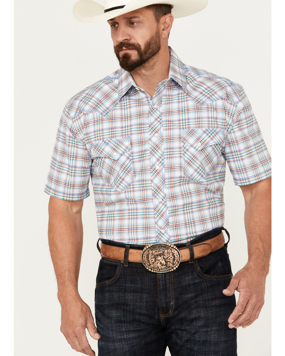 Men's Panhandle Rough Stock by Plaid Print Short Sleeve Pearl Snap Wes
