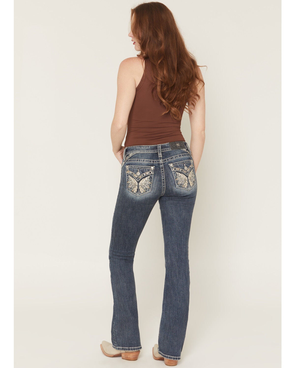 Women's Miss Me Medium Wash Mid Rise Wing Pocket 32" Bootcut Stretch D