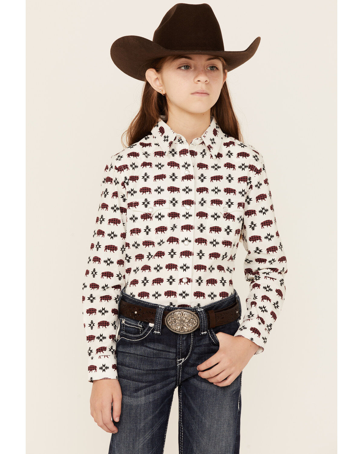 Girls' Rock & Roll Denim Southwestern Buffalo Print Pearl Snap Western