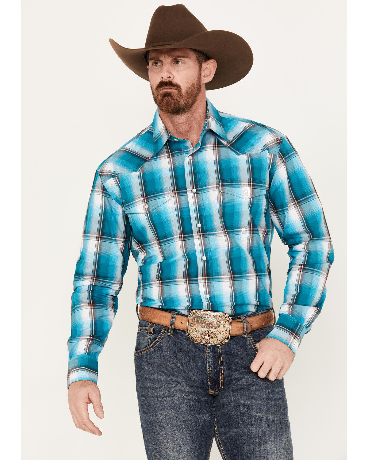 Men's Roper Amarillo Plaid Print Long Sleeve Western Pearl Snap Shirt
