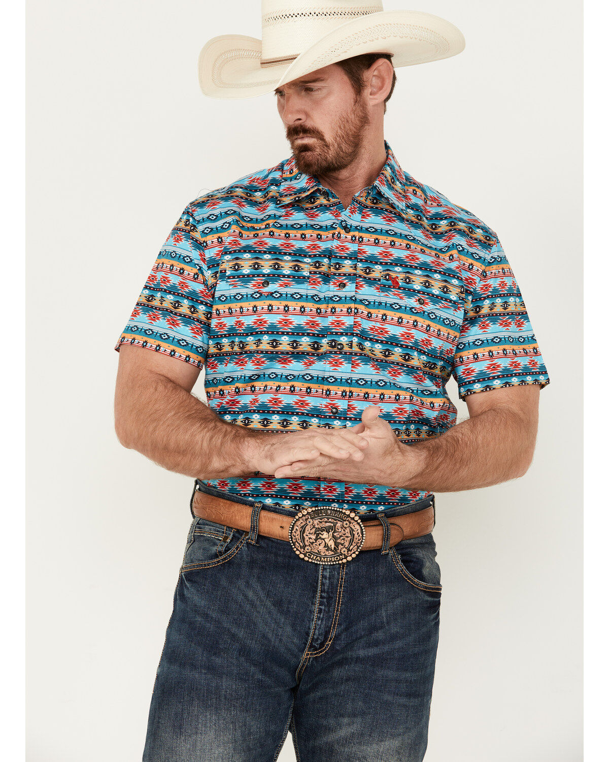 Men's Rodeo Clothing Southwestern Print Short Sleeve Snap Stretch West