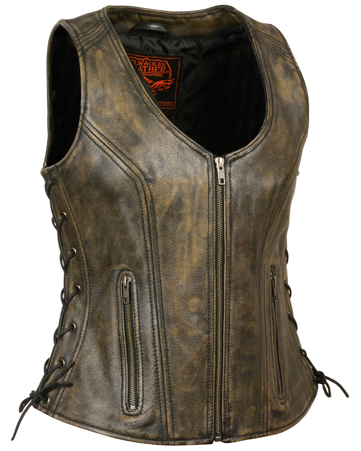 Women's Milwaukee Leather Open Neck Side Lace Zipper Front Vest - 4X