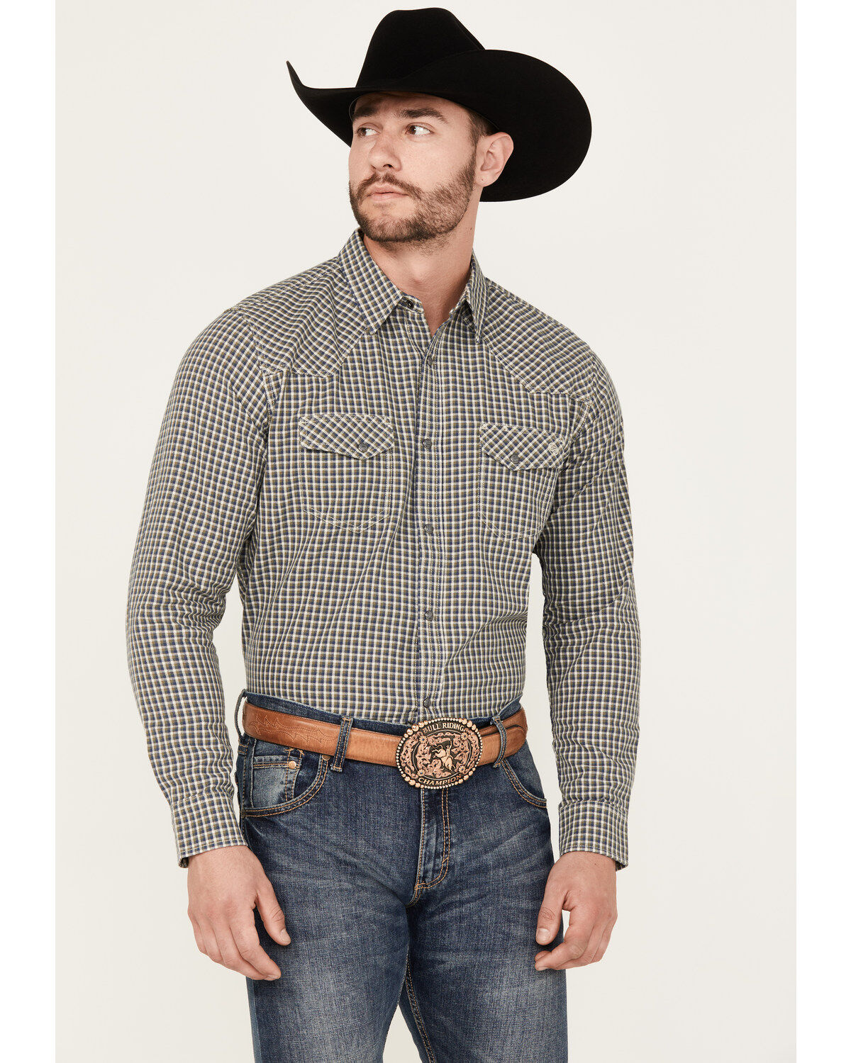 Men's Blue Ranchwear Dickens Plaid Print Long Sleeve Snap Shirt
