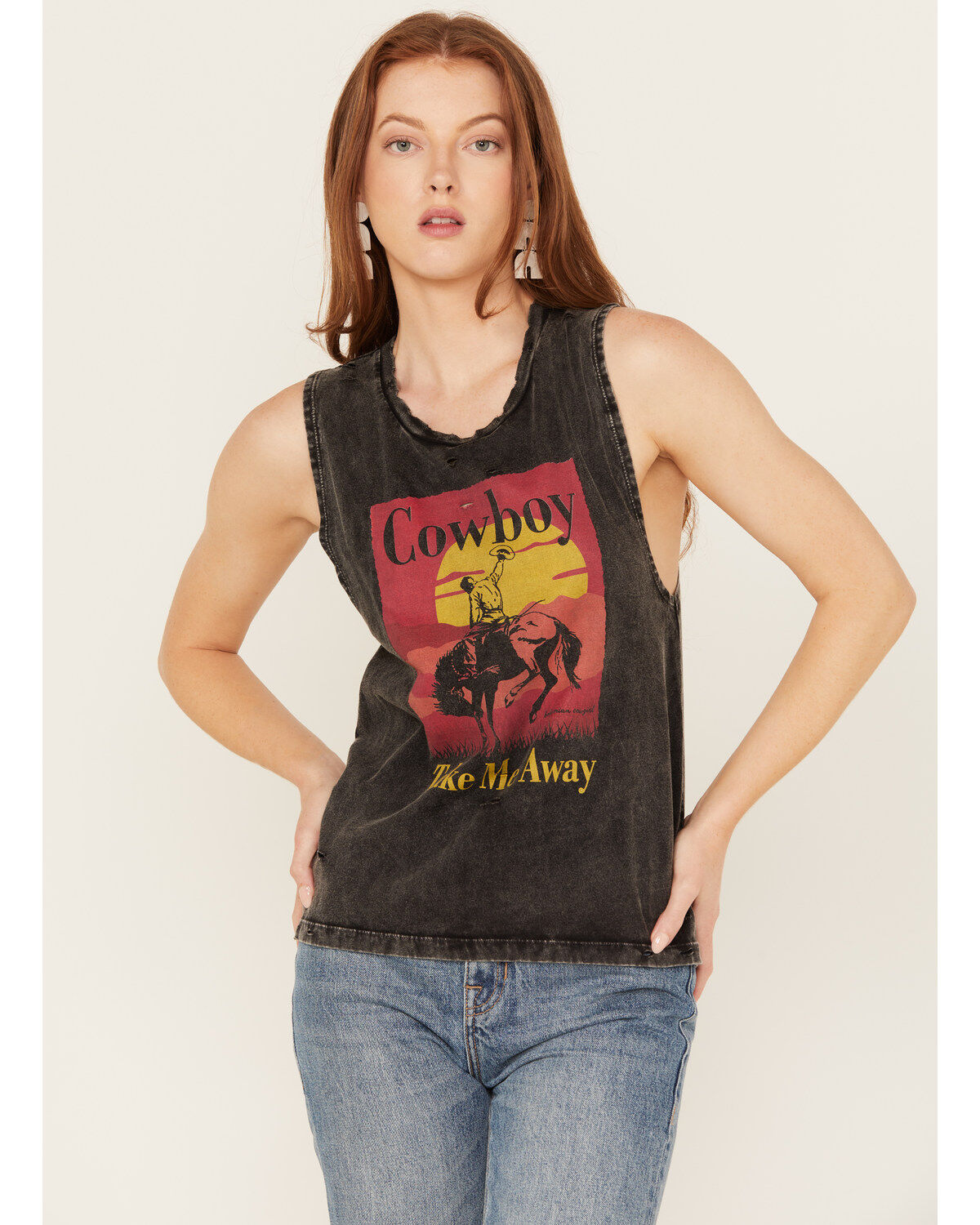 Women's Bohemian Cowgirl Distressed Cowboy Take Me Away Graphic Tank