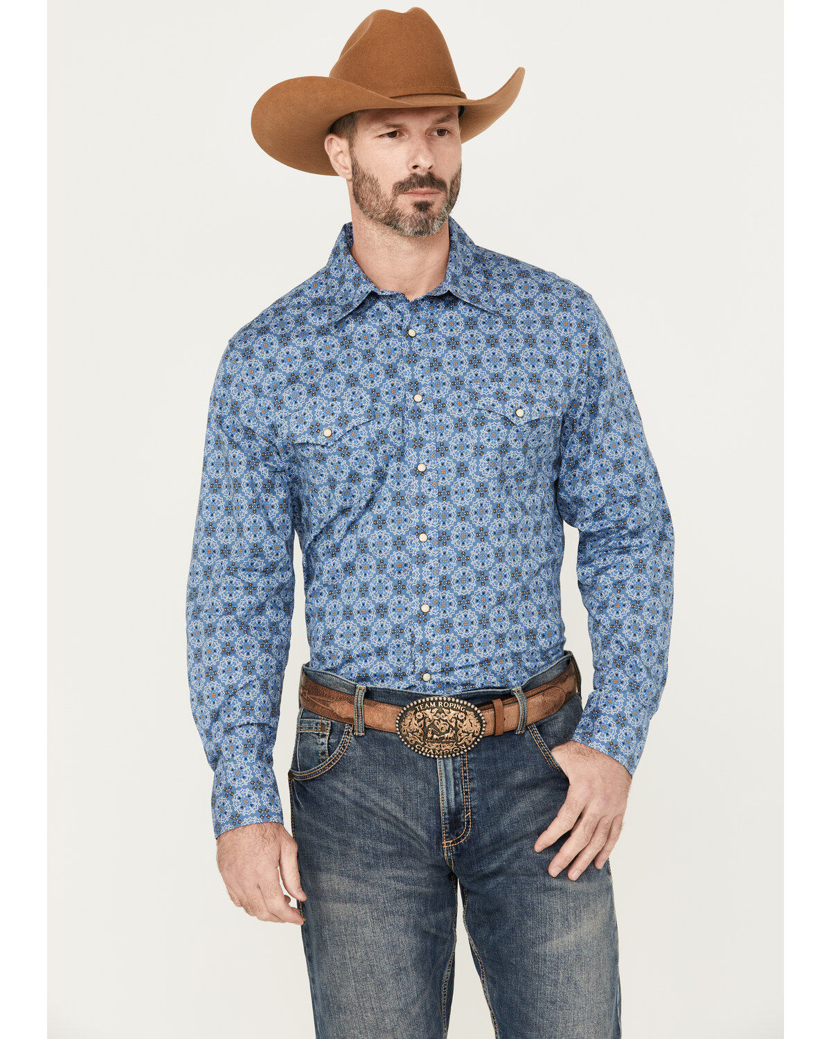Men's Rock & Roll Denim Medallion Print Long Sleeve Snap Western Shirt