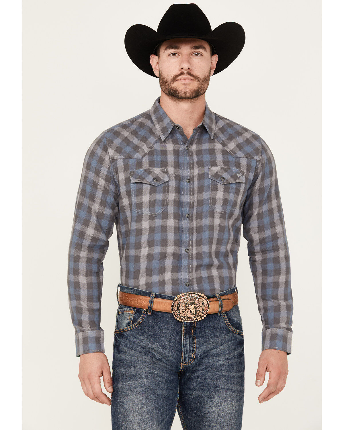 Men's Blue Ranchwear Eastland Plaid Print Long Sleeve Snap Shirt