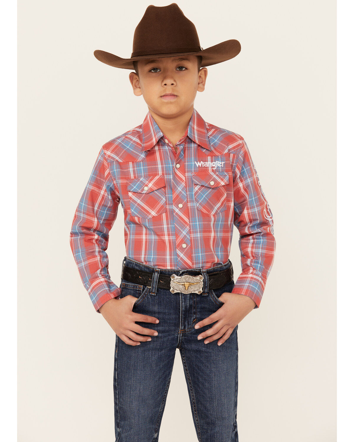 Boys' Wrangler Logo Plaid Print Long Sleeve Snap Western Shirt