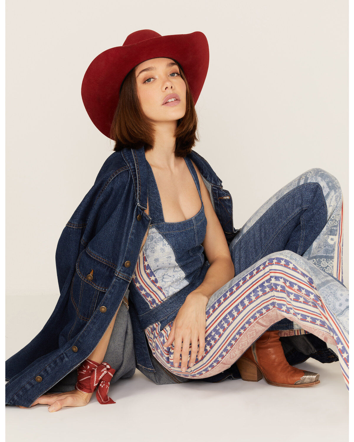 Women's Free People Medium Wash Patchwork Dallas Denim Jumpsuit