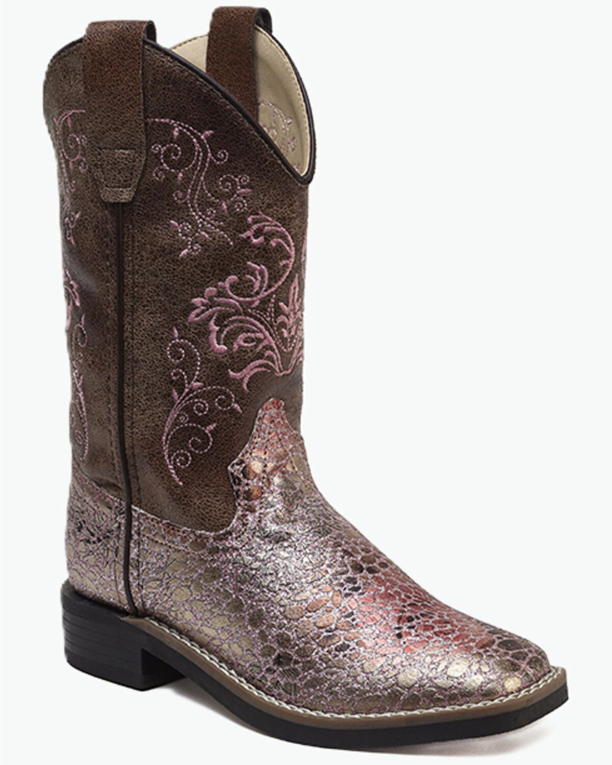 Girls' Old West Embroidered Metallic Western Boots - Broad Square Toe