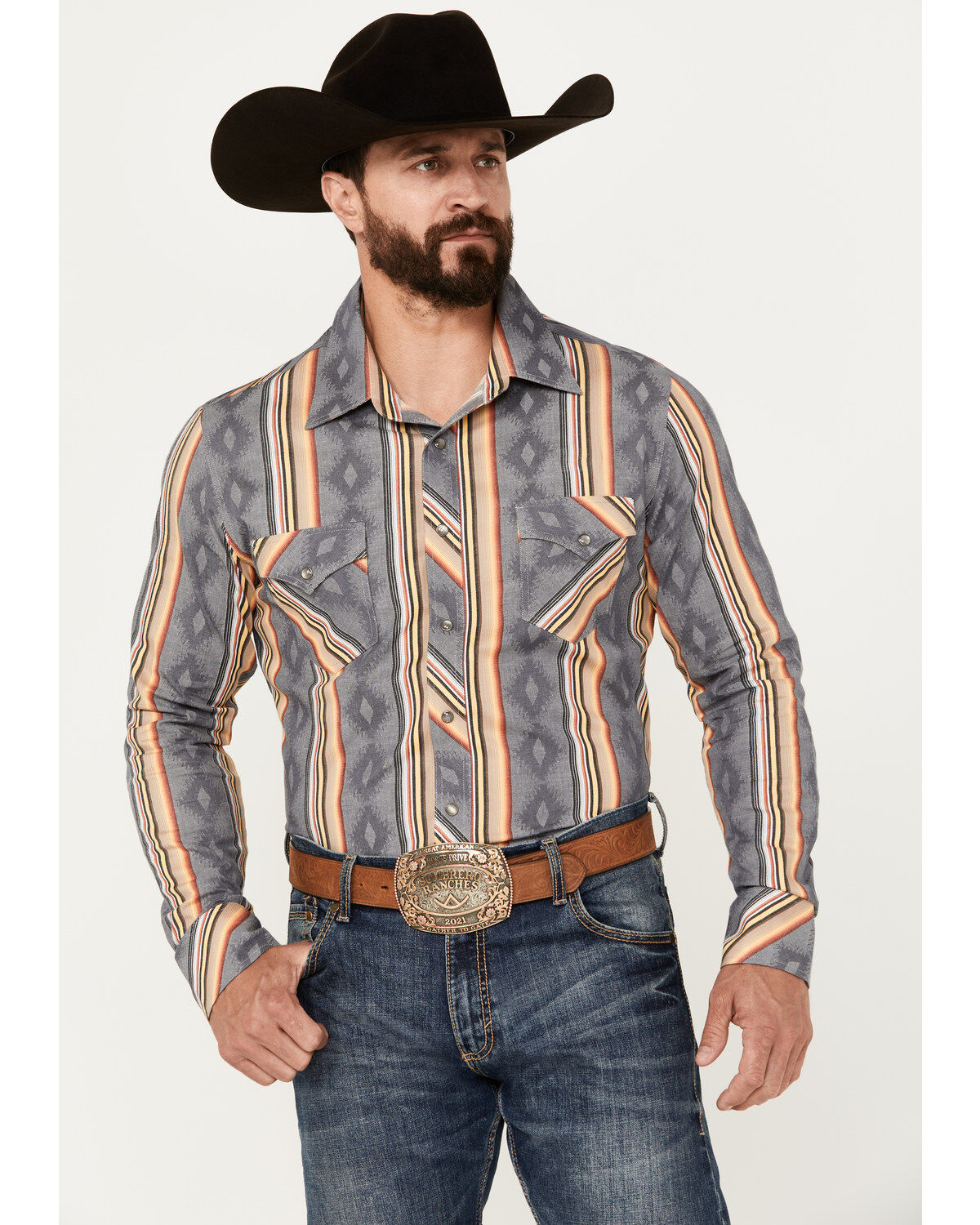 Men's Rock & Roll Denim Serape Striped Print Long Sleeve Stretch Pearl