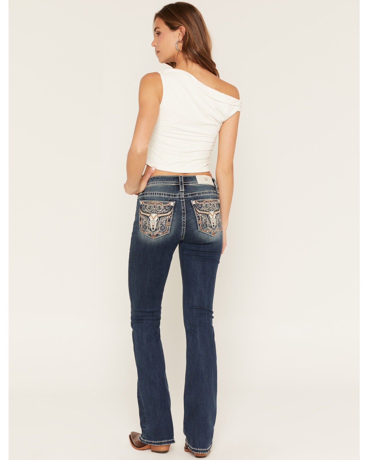 Women's Miss Me Medium Wash Mid Rise Longhorn Pocket Bootcut Stretch D