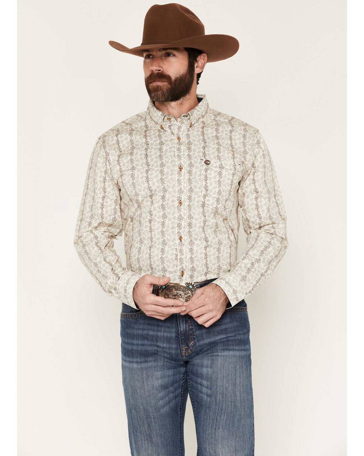 Men's Cody James Hickory Floral Stripe Print Long Sleeve Button-Down S