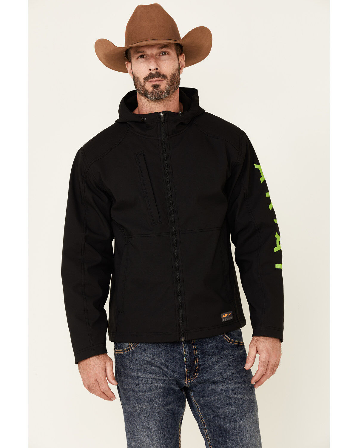 Men's Ariat Black & Lime Rebar Stretch Canvas Softshell Logo Zip-Front