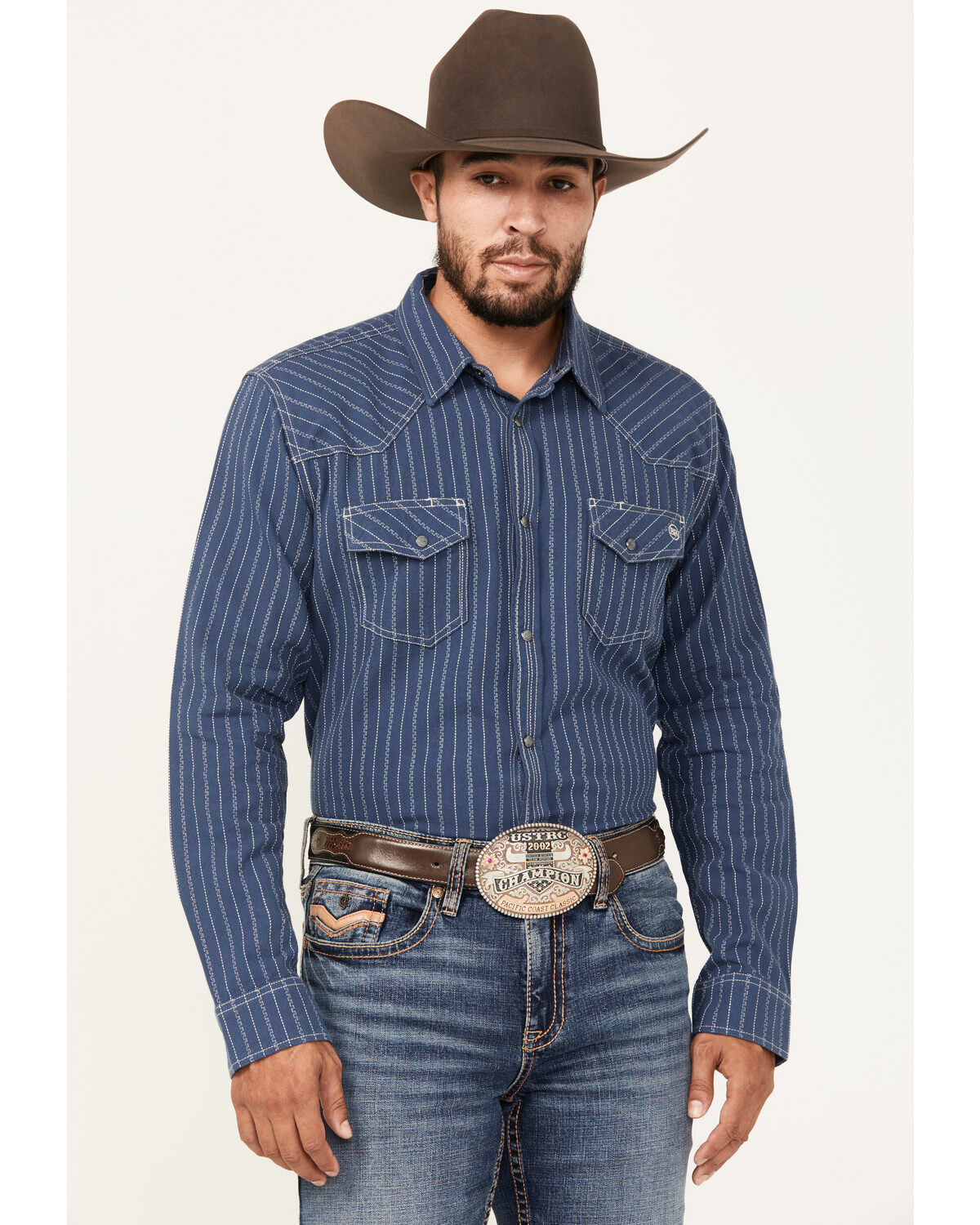 Men's Blue Ranchwear Vintage Striped Long Sleeve Snap Western Shirt