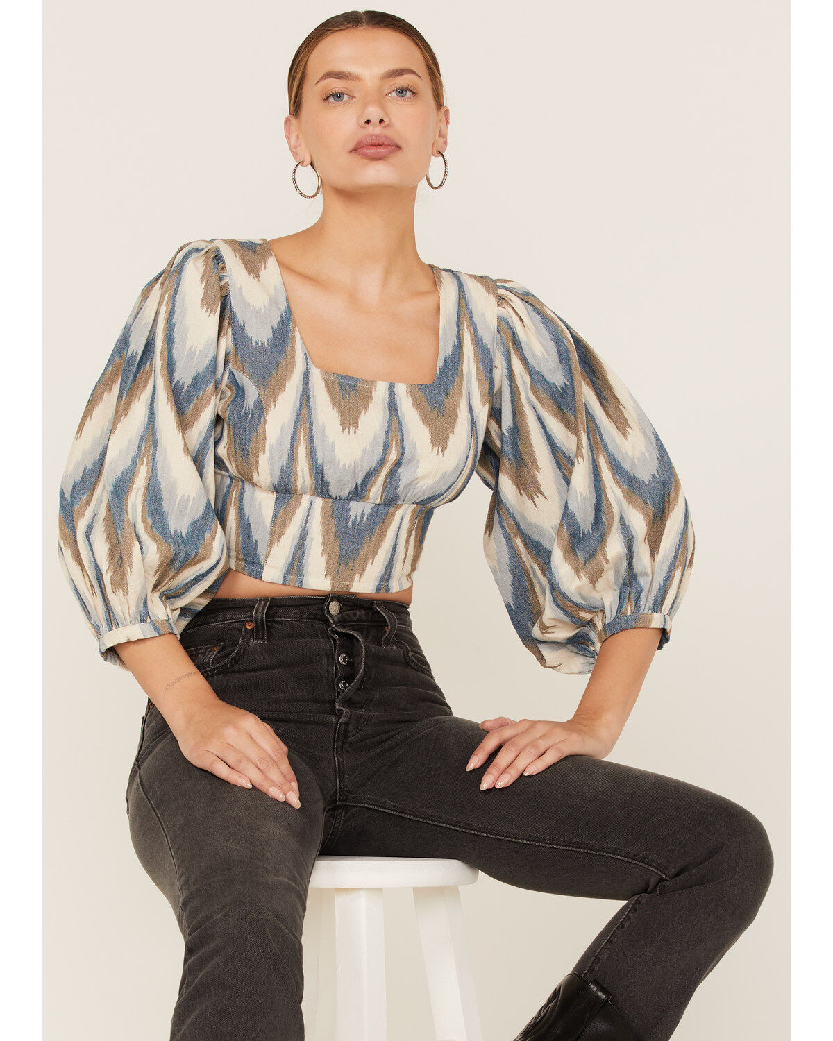 Women's Shyanne Ikat Print Puff Sleeve Crop Top