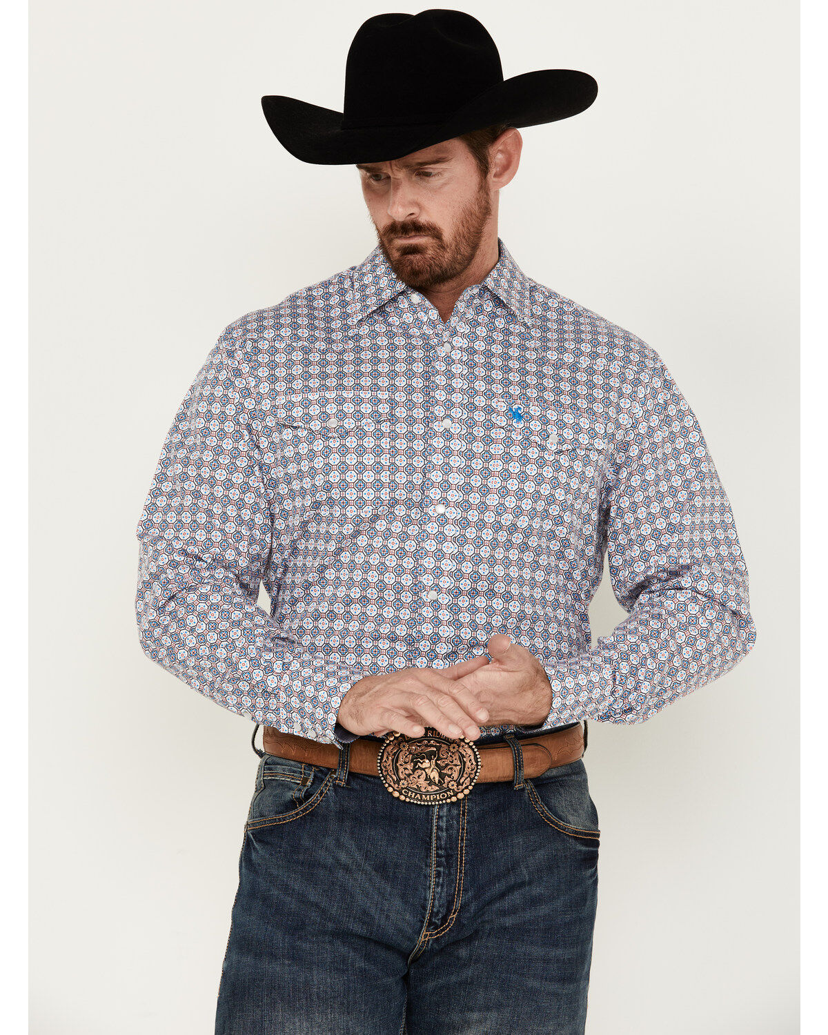 Men's Rodeo Clothing Medallion Print Long Sleeve Pearl Snap Western Sh