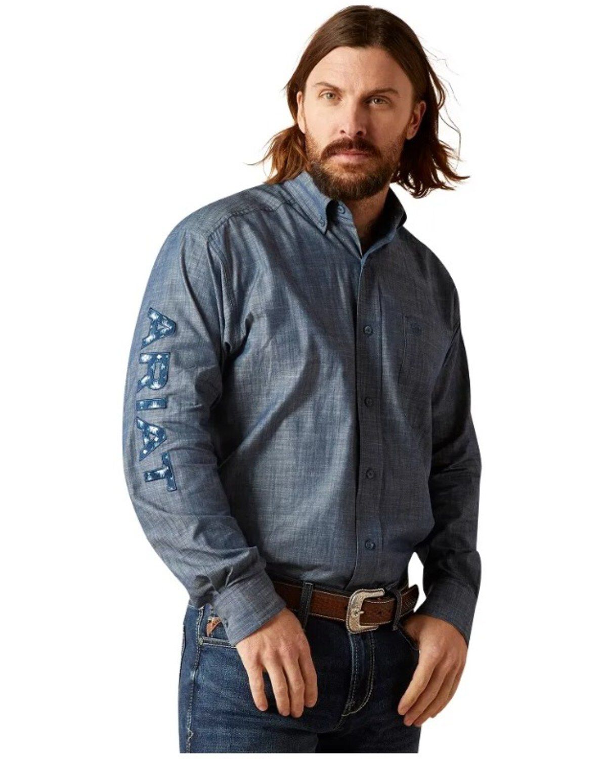 Men's Ariat Team Logo Chambray Long Sleeve Button-Down Western Shirt