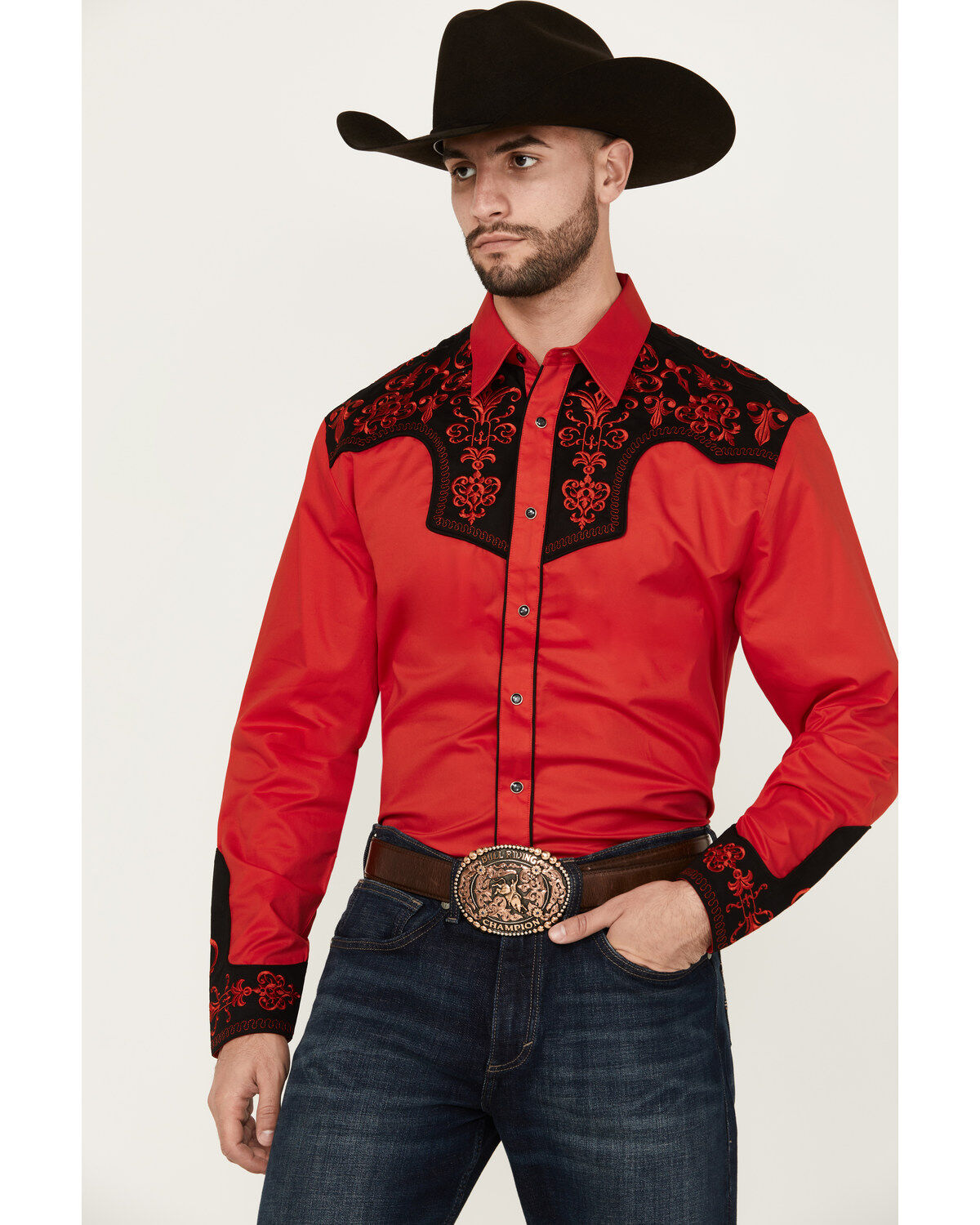 Men's Rodeo Clothing Embroidered Yoke Long Sleeve Pearl Snap Western S