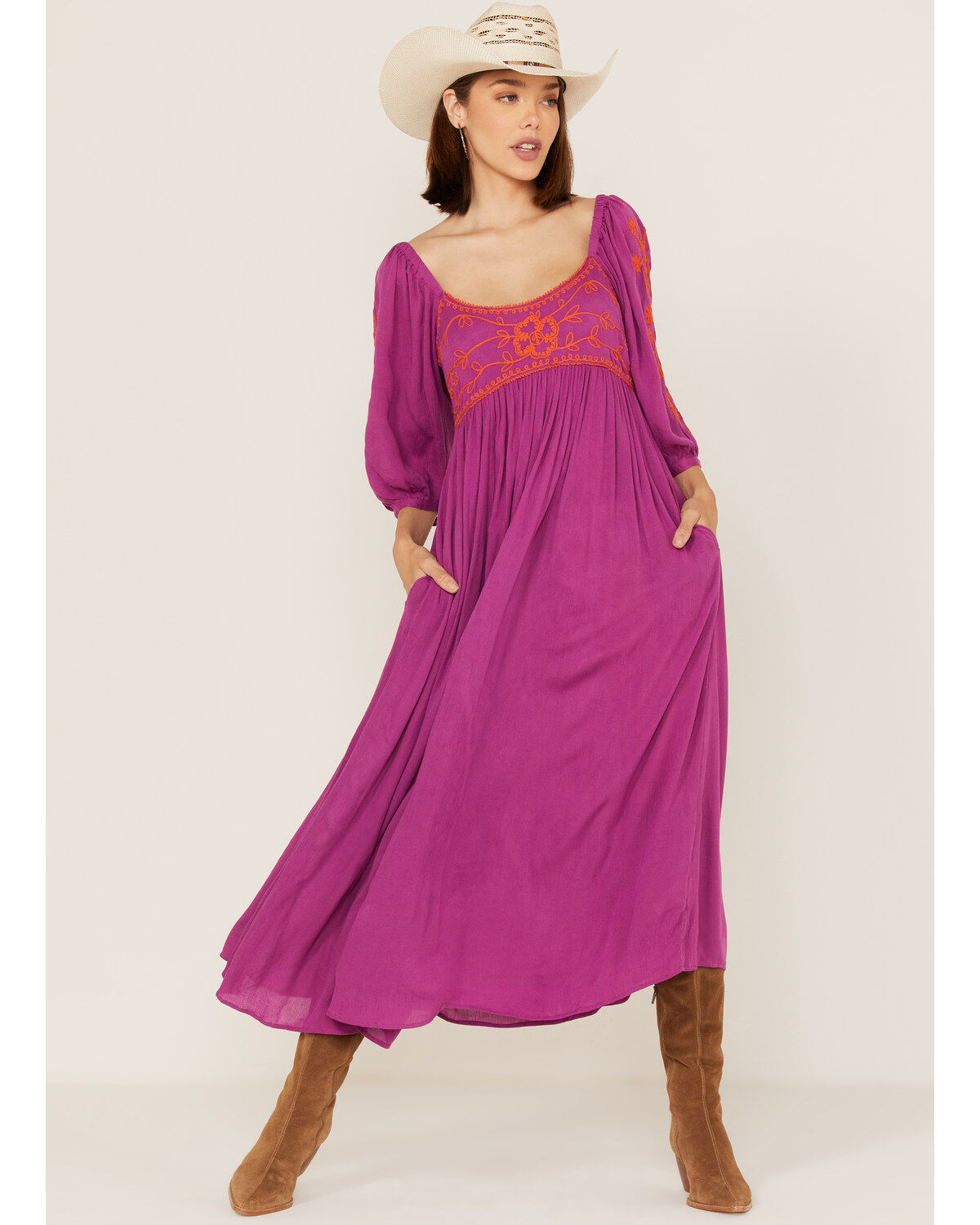 Women's Free People Wedgewood Embroidered Long Puff Sleeve Midi Dress