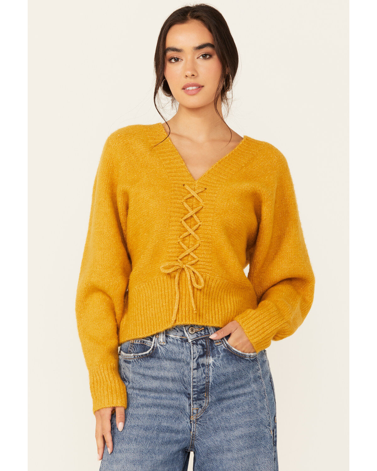 Women's Molly Bracken Long Sleeve Mock Lace-Up Sweater