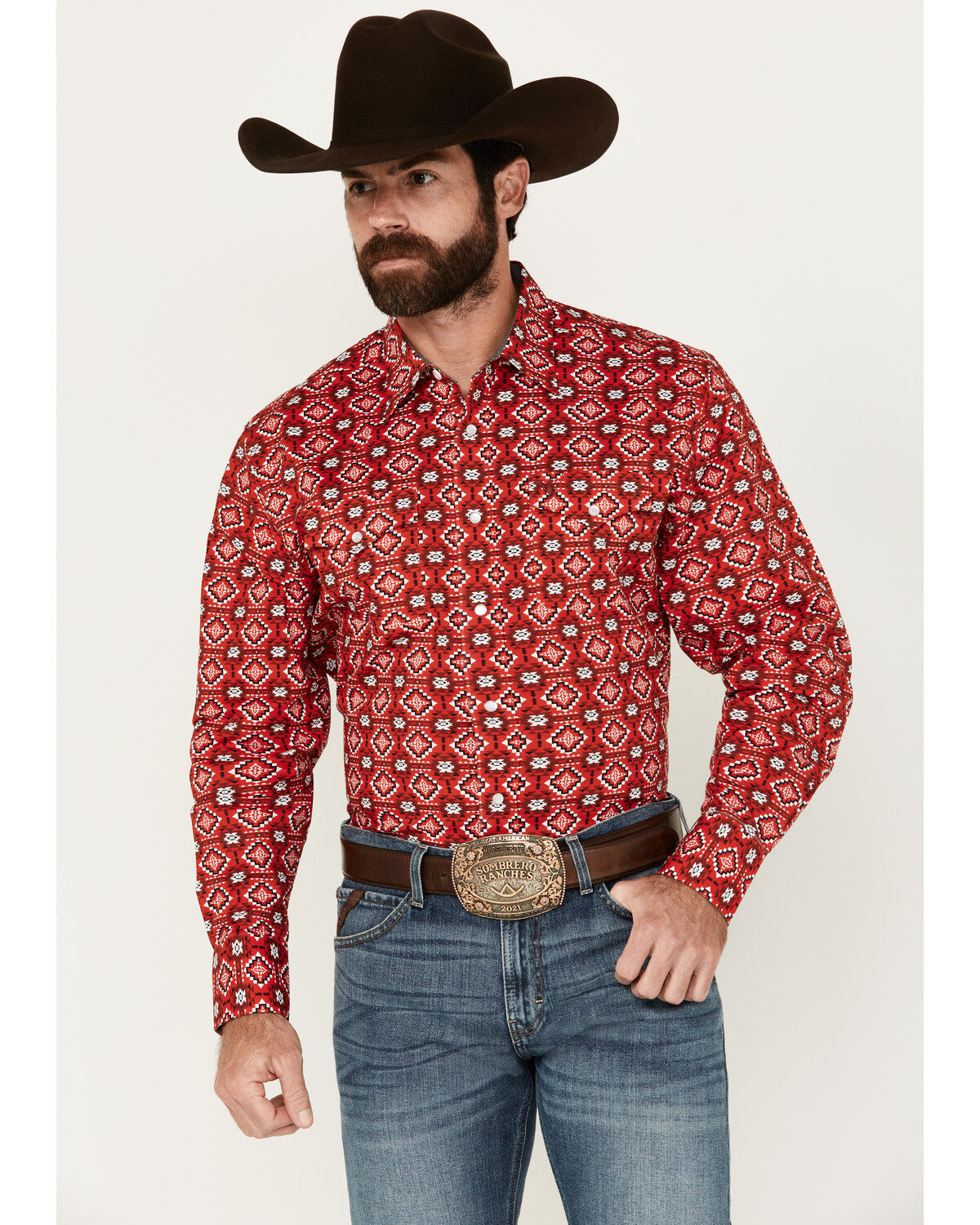Men's Rodeo Clothing Southwestern Print Long Sleeve Pearl Snap Stretch