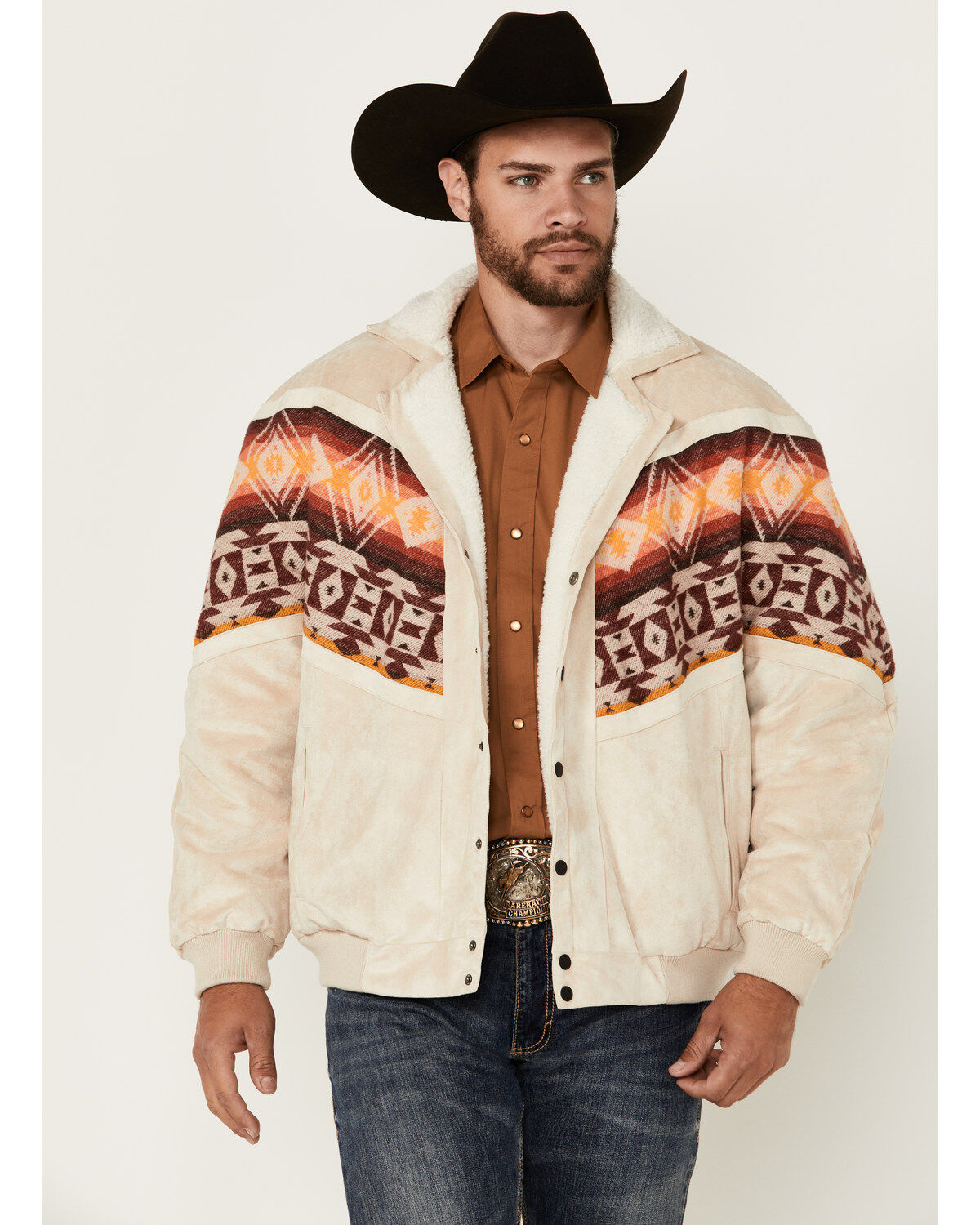 Men's Rock & Roll Denim Southwestern Border Microsuede Snap Bomber Jac