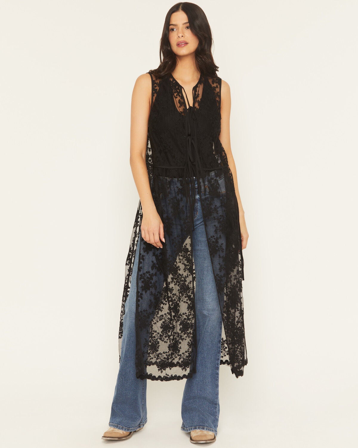 Women's Listicle Sleeveless Floral Lace Tie Front Kimono