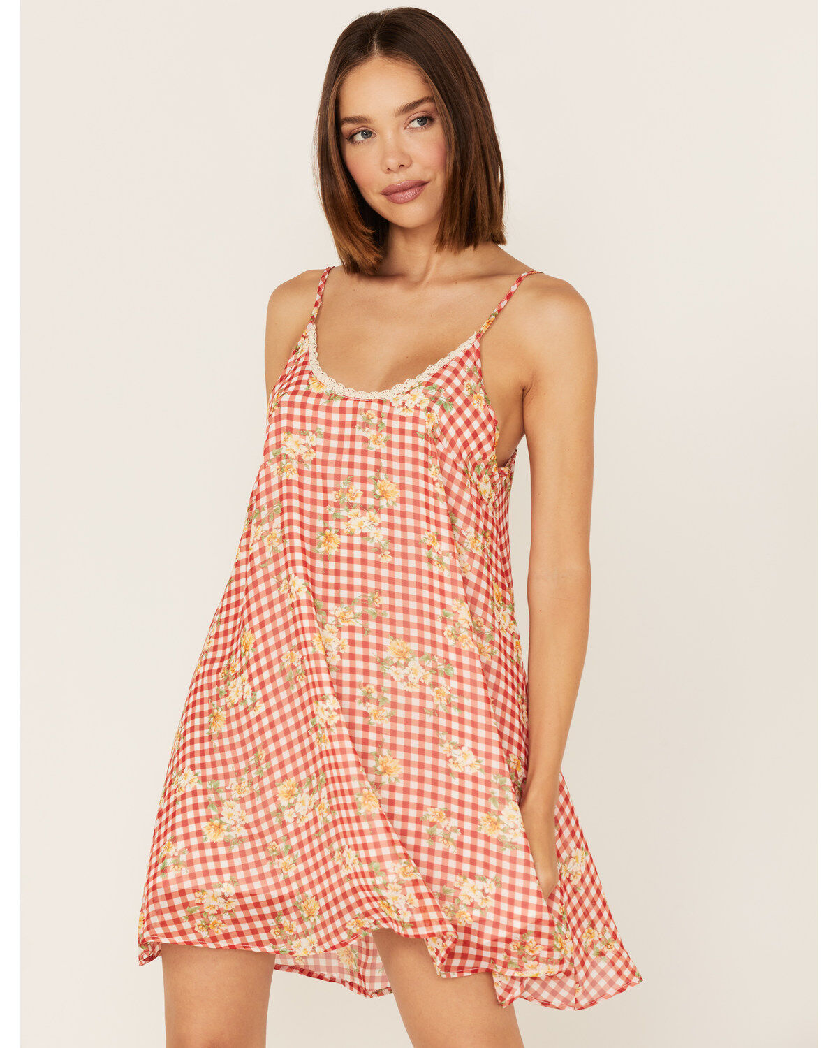 Women's Wild Moss Gingham Floral Print Slip Mini Dress